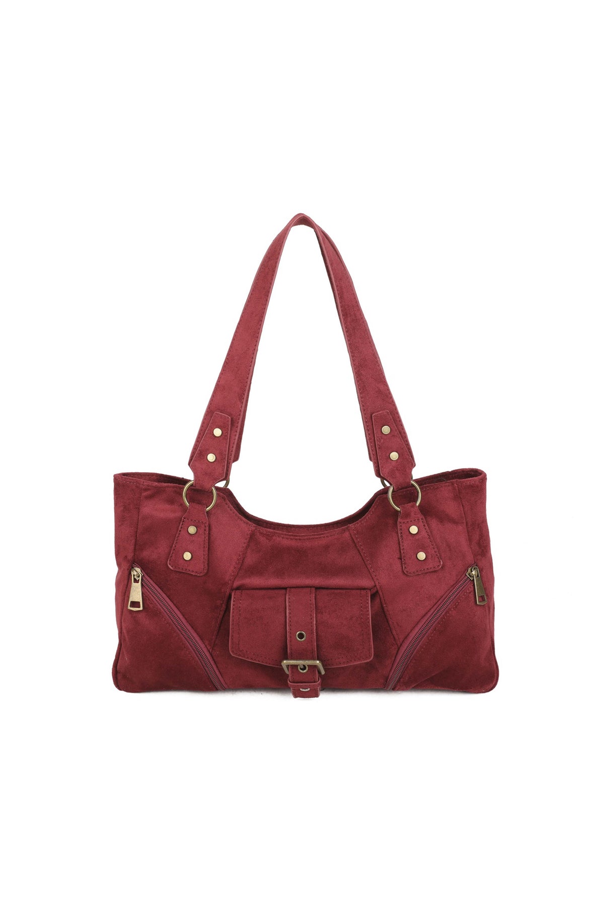 Women’s Suede-Look Shoulder Bag with Buckle Pocket Detail