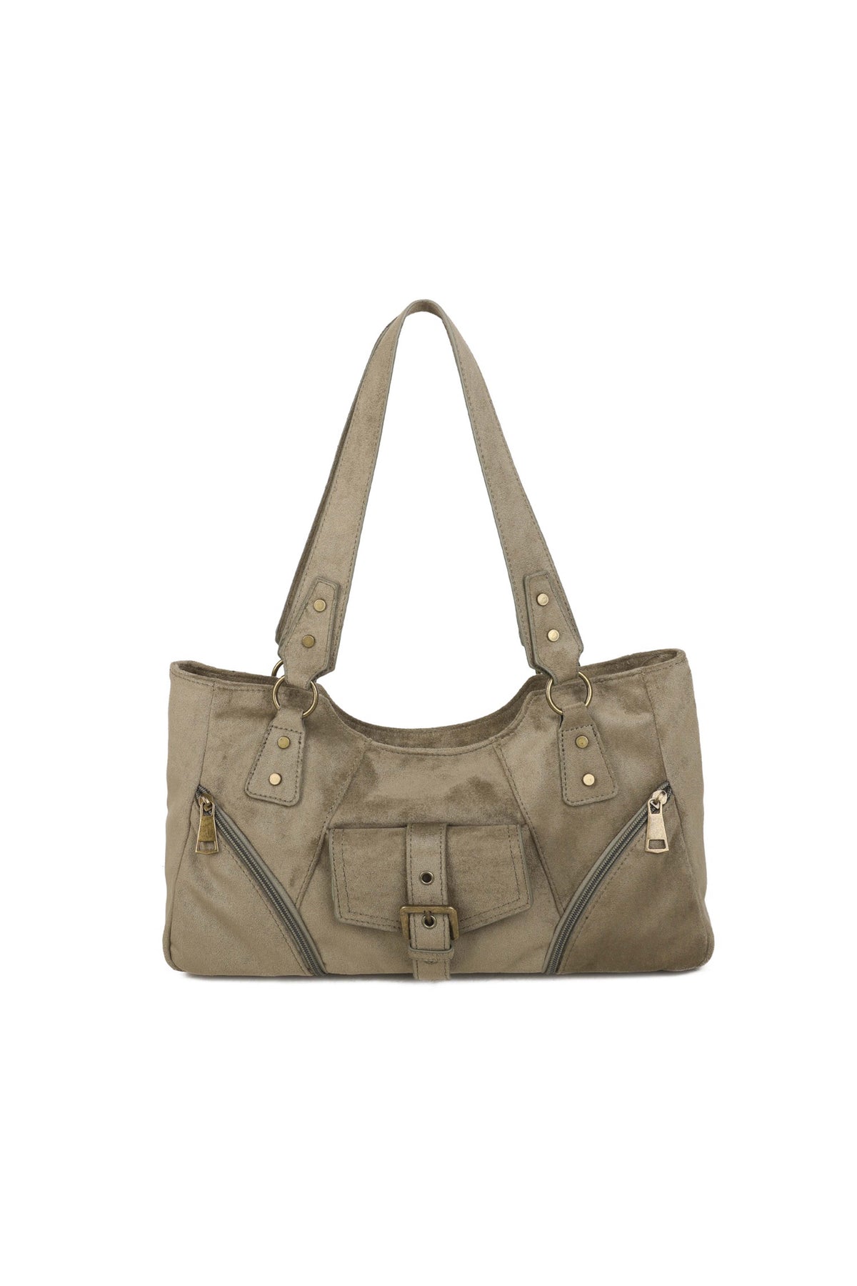 Women’s Suede-Look Shoulder Bag with Buckle Pocket Detail