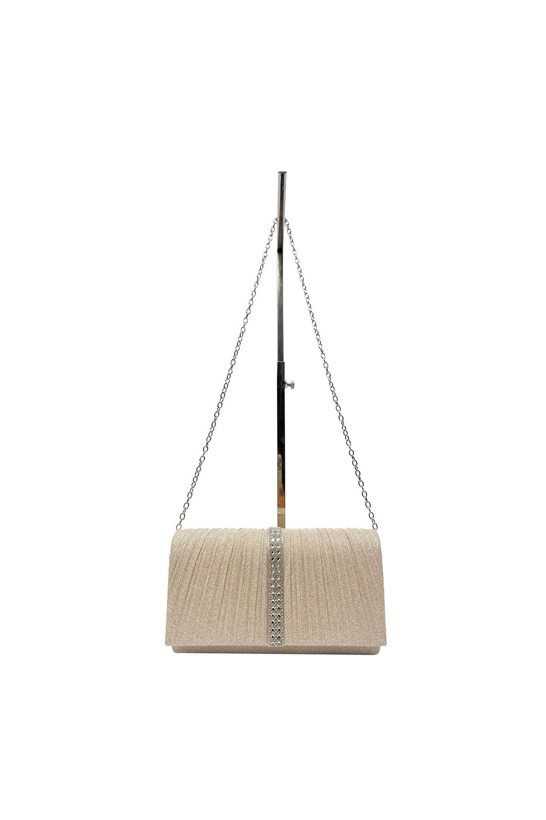 Glitter Pleated Clutch Bag with Crystal Trim and Chain Strap