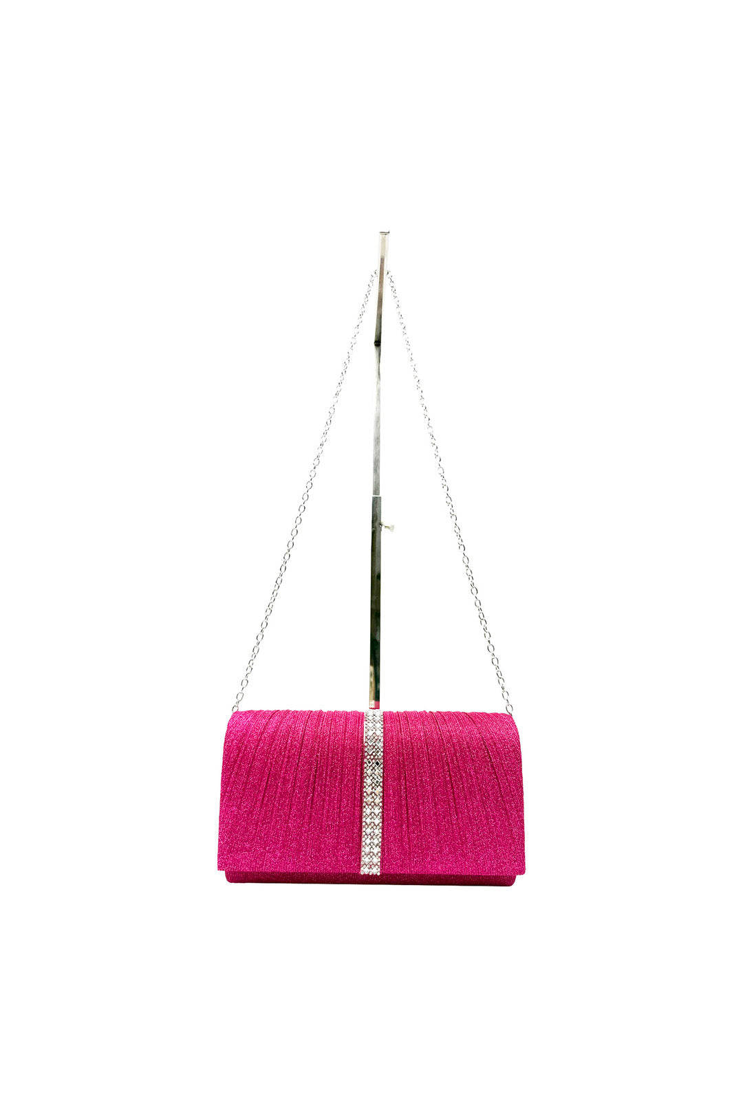 Glitter Pleated Clutch Bag with Crystal Trim and Chain Strap