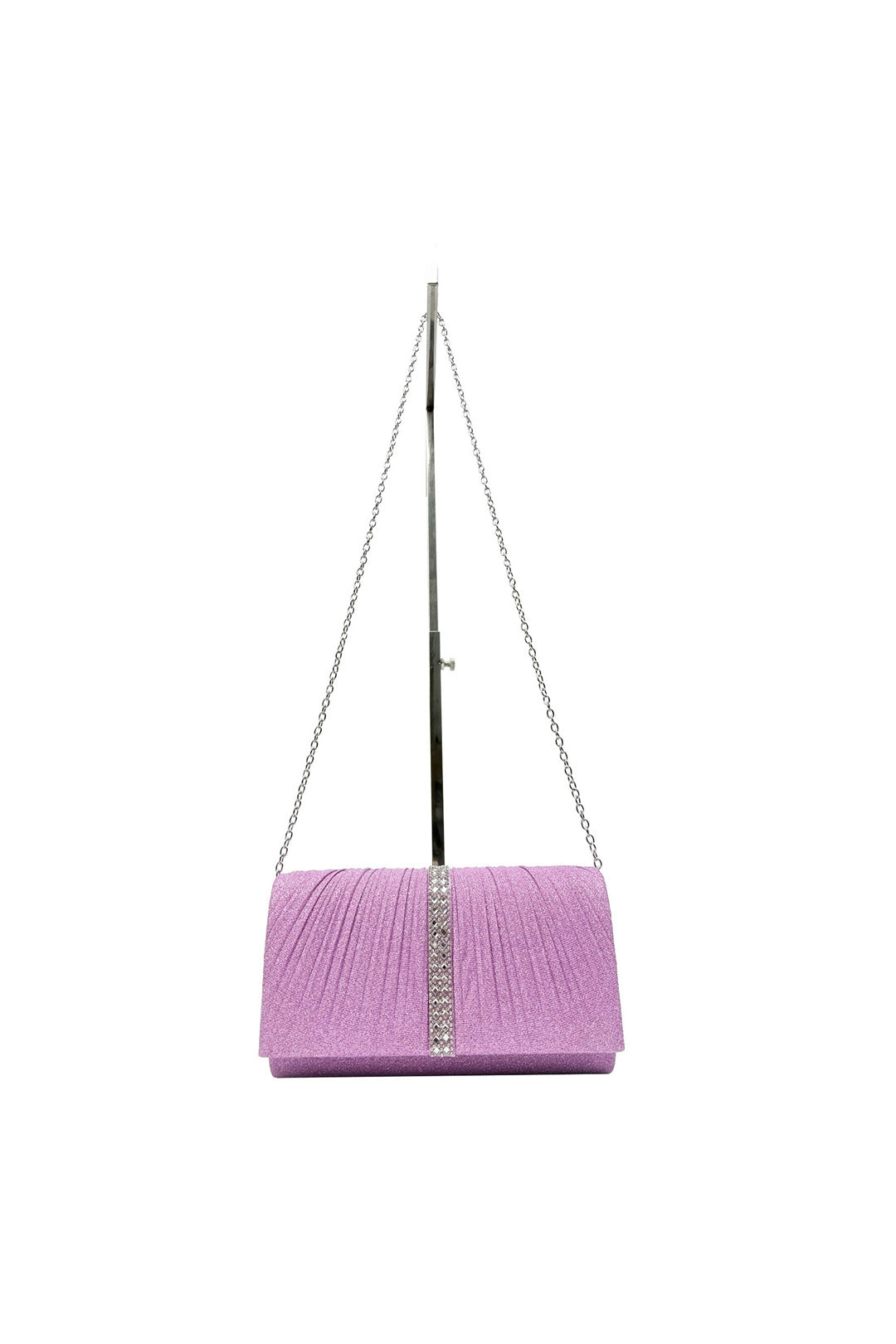 Glitter Pleated Clutch Bag with Crystal Trim and Chain Strap
