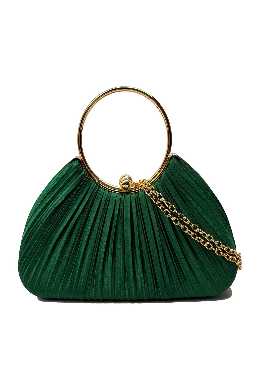 Pleated Satin Evening Bag with Gold Ring Handle