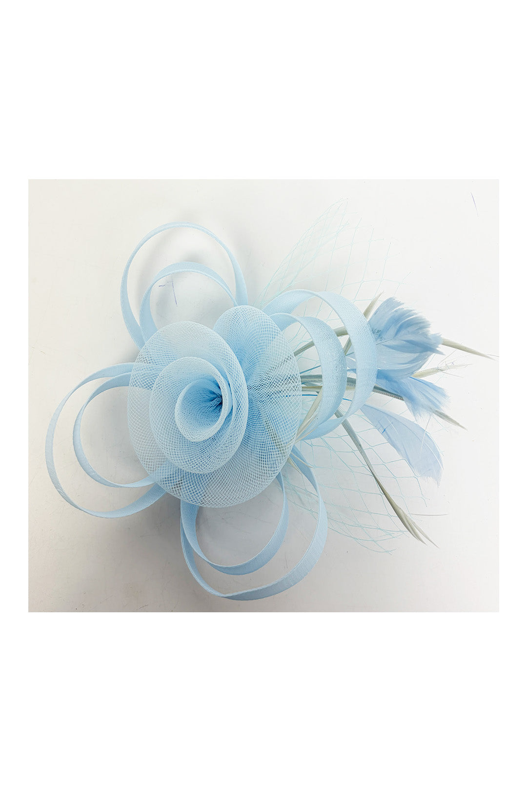 Looped Sinamay Bow Fascinator with Feather & Net Detail