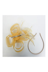 Looped Sinamay Bow Fascinator with Feather & Net Detail