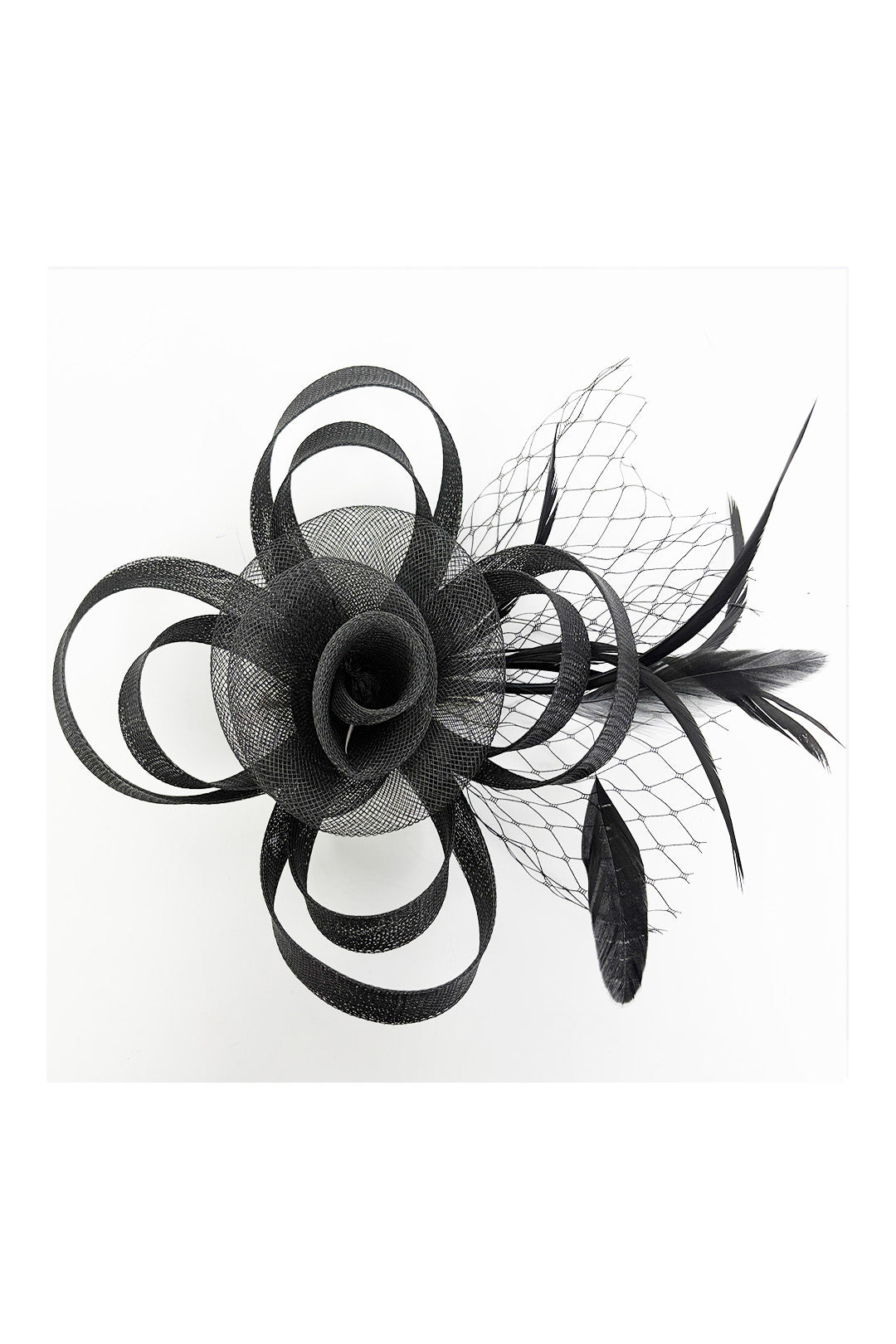 Looped Sinamay Bow Fascinator with Feather & Net Detail