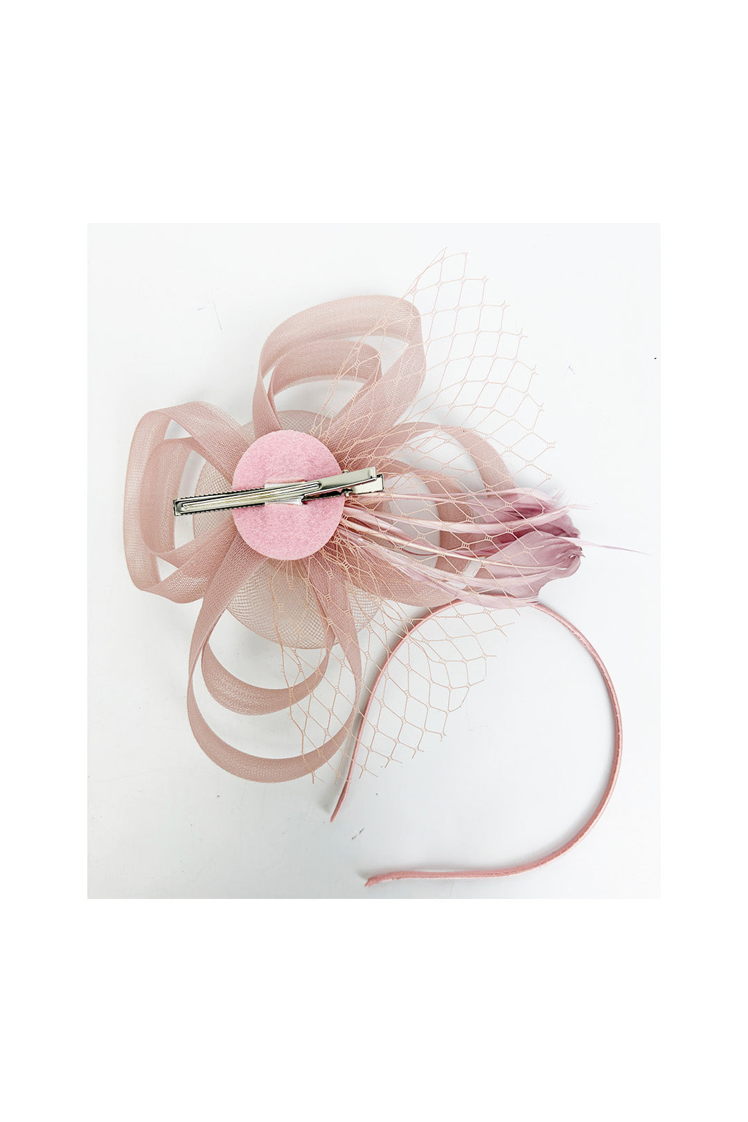 Looped Sinamay Bow Fascinator with Feather & Net Detail
