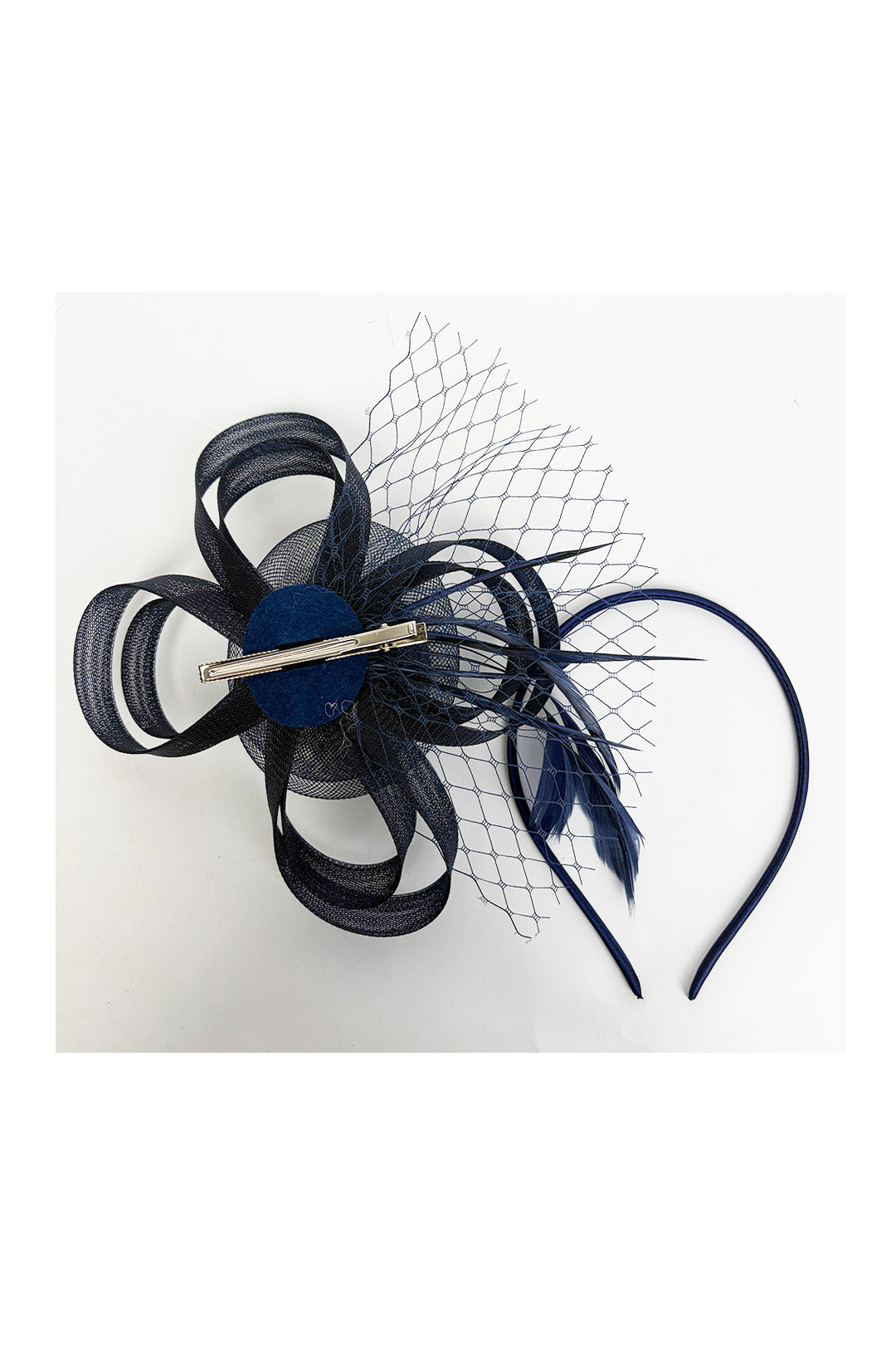 Looped Sinamay Bow Fascinator with Feather & Net Detail