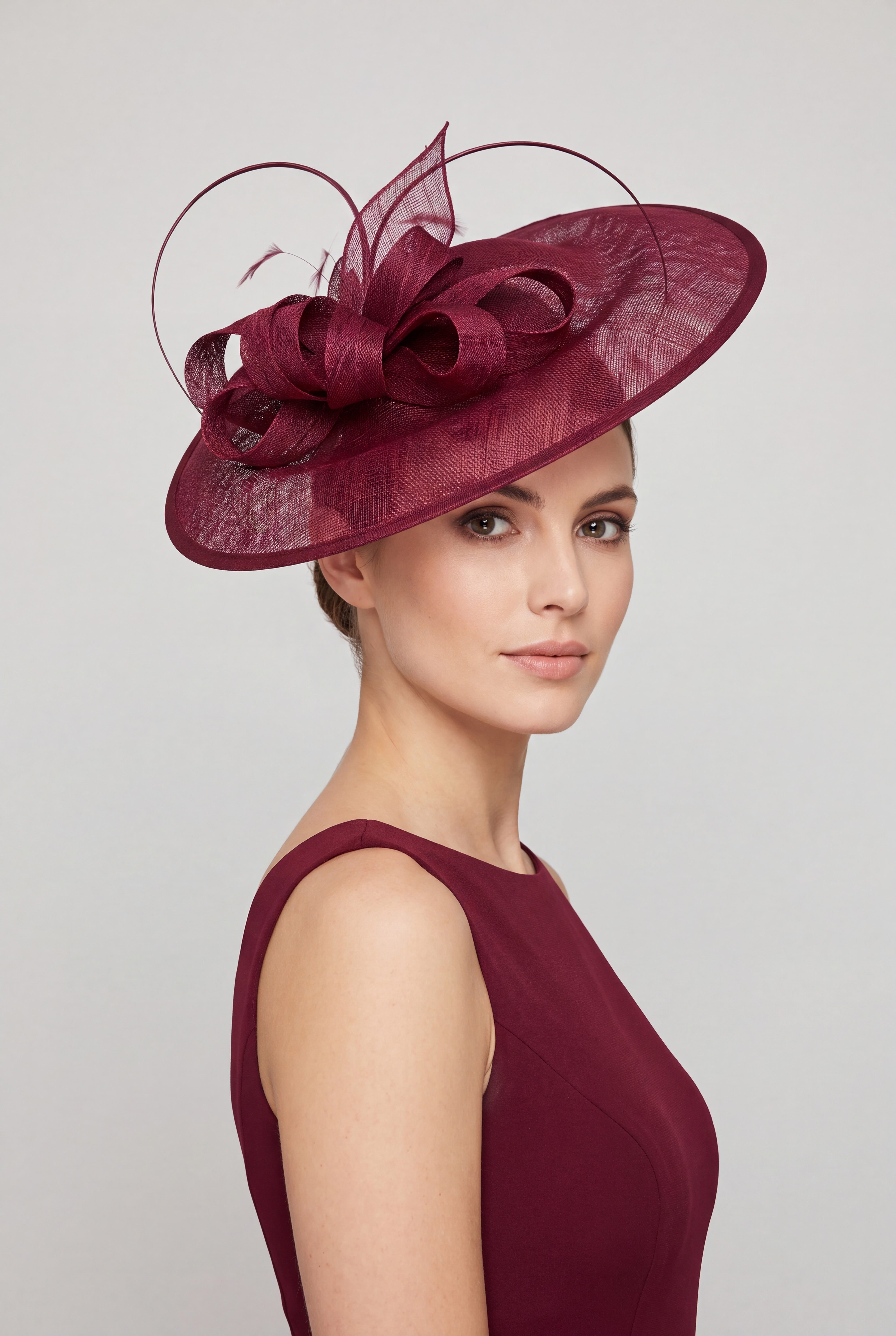Large Disc Fascinator Hat with Looped Bow & Feather Detail