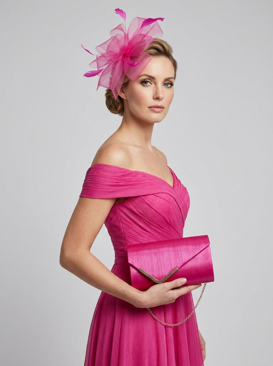 Textured Clutch Bag and Mesh Fascinator Occasion Fuchsia Set