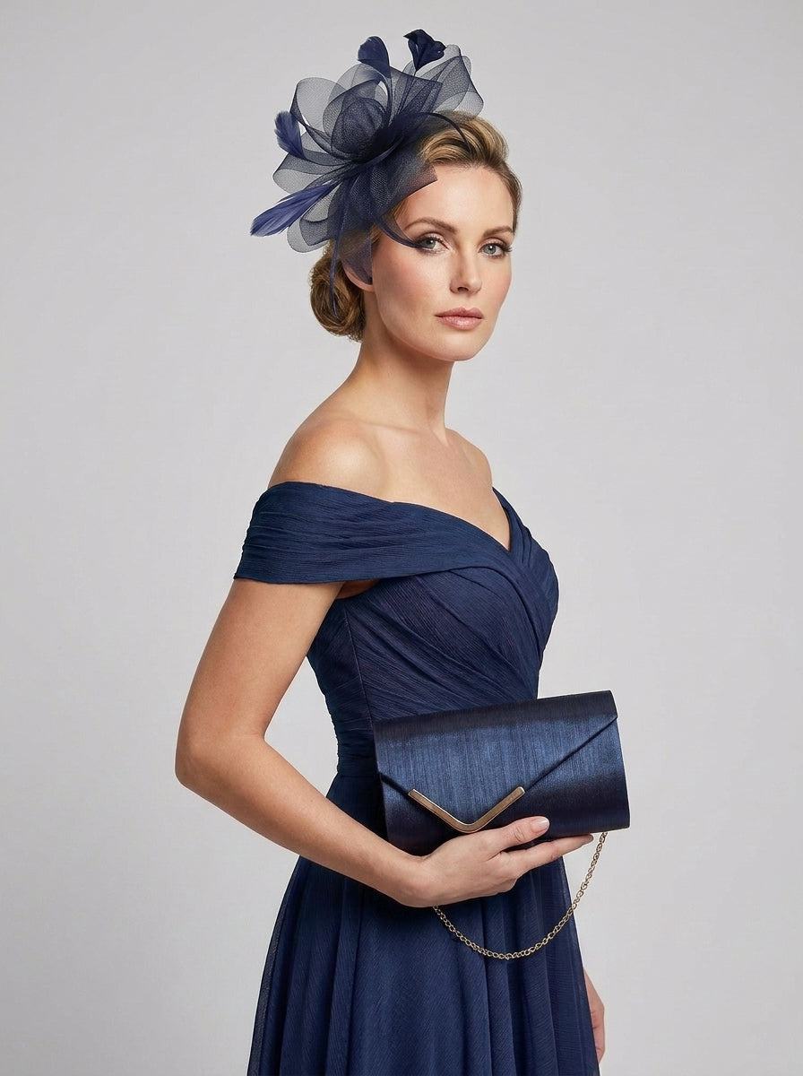 Textured Clutch Bag and Mesh Elegant Mesh Bow Fascinator Navy Set