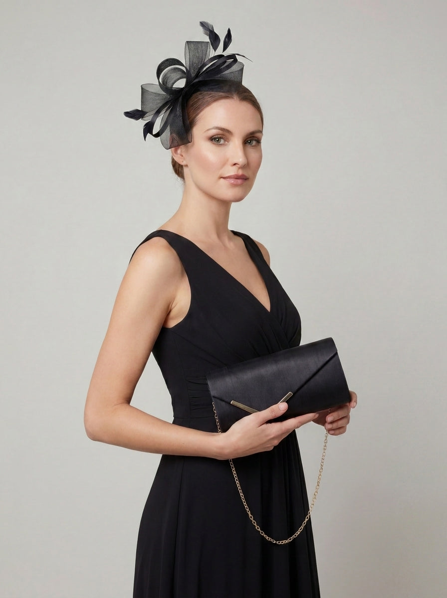 Textured Envelope Clutch Bag with Gold Chain and Loop Fascinator Occasion Black Set