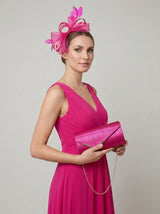 Textured Envelope Clutch Bag with Gold Chain and Loop Fascinator Occasion Fuchsia Set