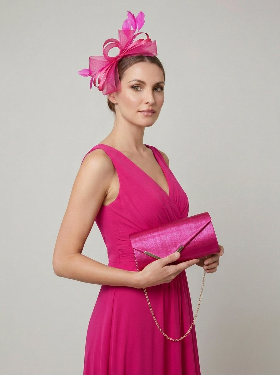 Textured Envelope Clutch Bag with Gold Chain and Loop Fascinator Occasion Fuchsia Set