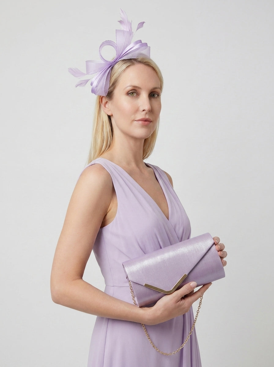 Textured Envelope Clutch Bag with Gold Chain and Loop Fascinator Occasion Lilac Set
