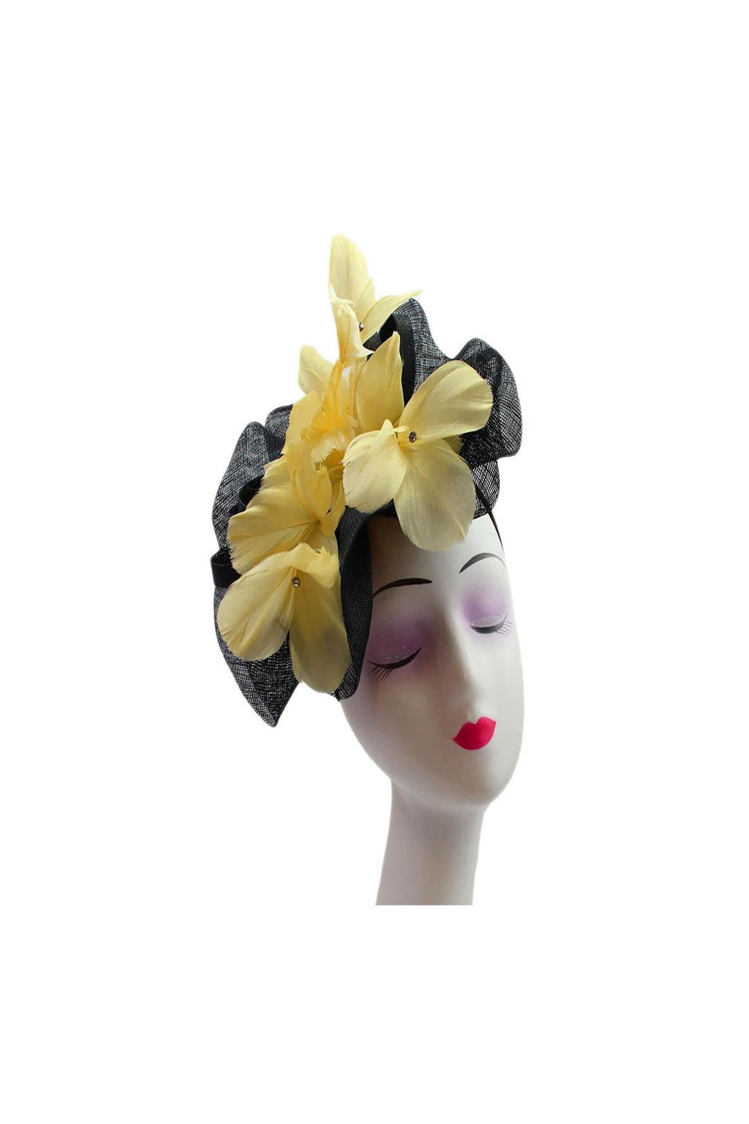 Mesh Fascinator with Feather Flower Detail Yellow