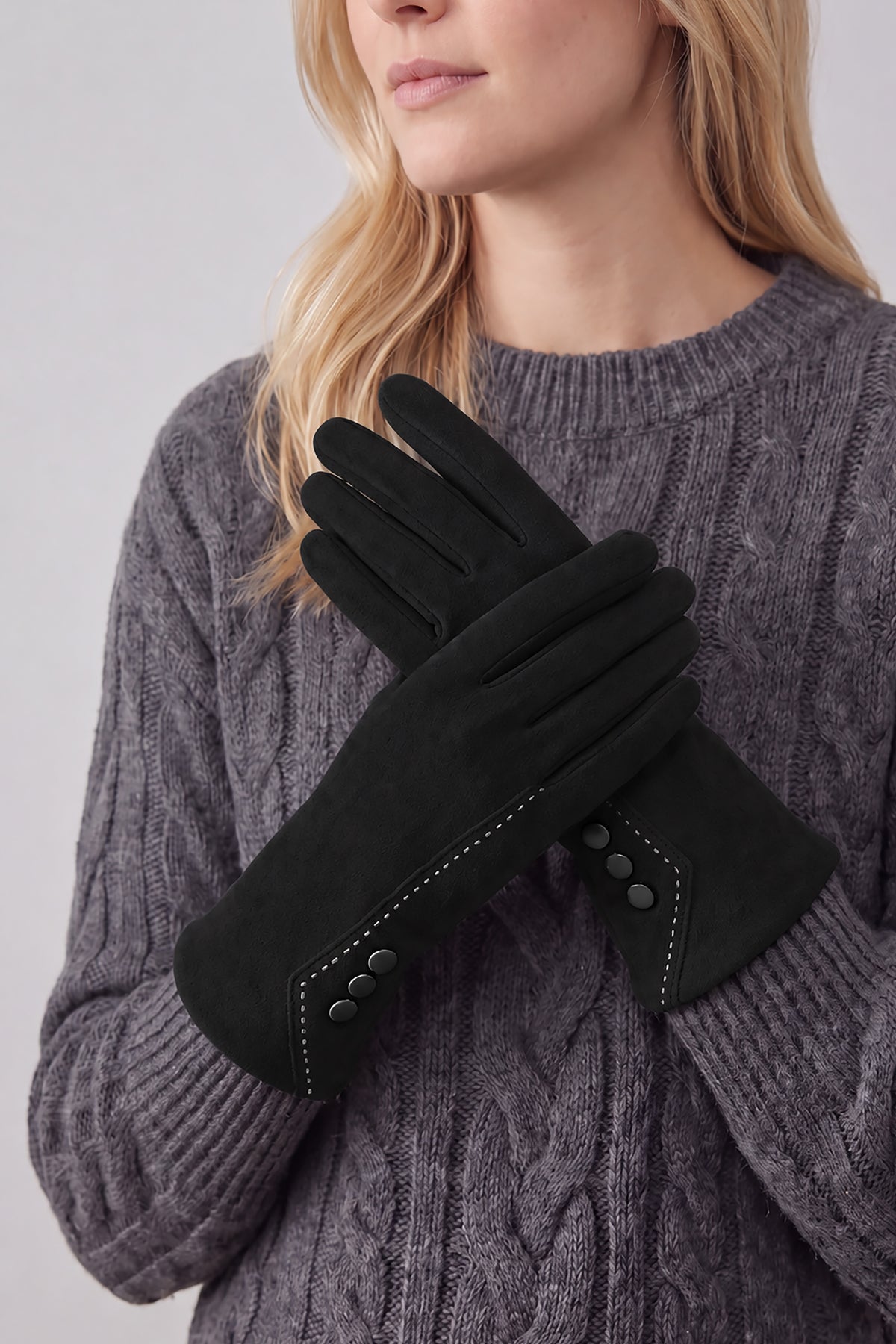 Women’s Touchscreen Faux Suede Gloves with Button Detail