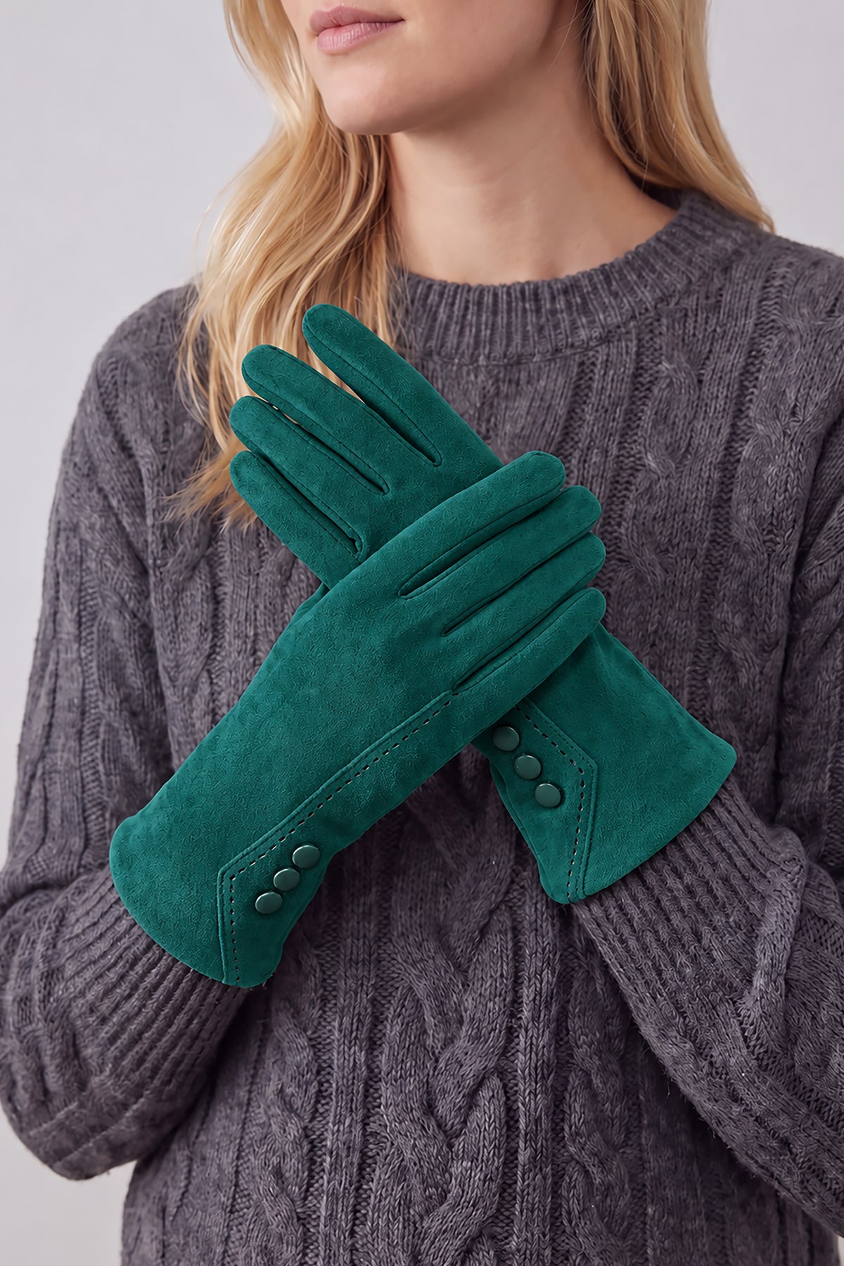 Women’s Touchscreen Faux Suede Gloves with Button Detail