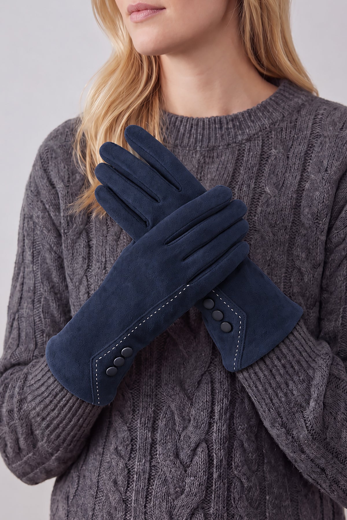 Women’s Touchscreen Faux Suede Gloves with Button Detail