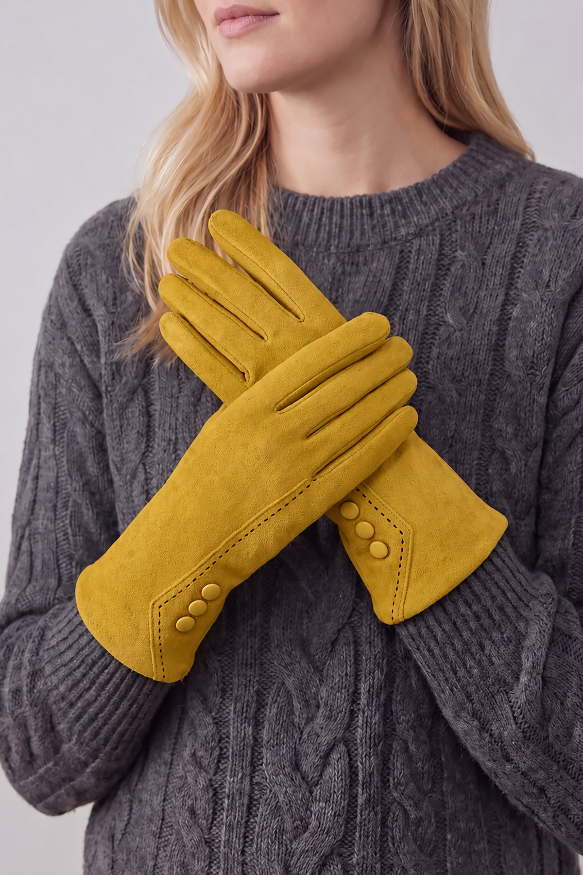 Women’s Touchscreen Faux Suede Gloves with Button Detail