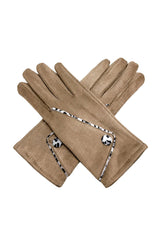 Women’s Faux Suede Animal Print Trim Button Gloves