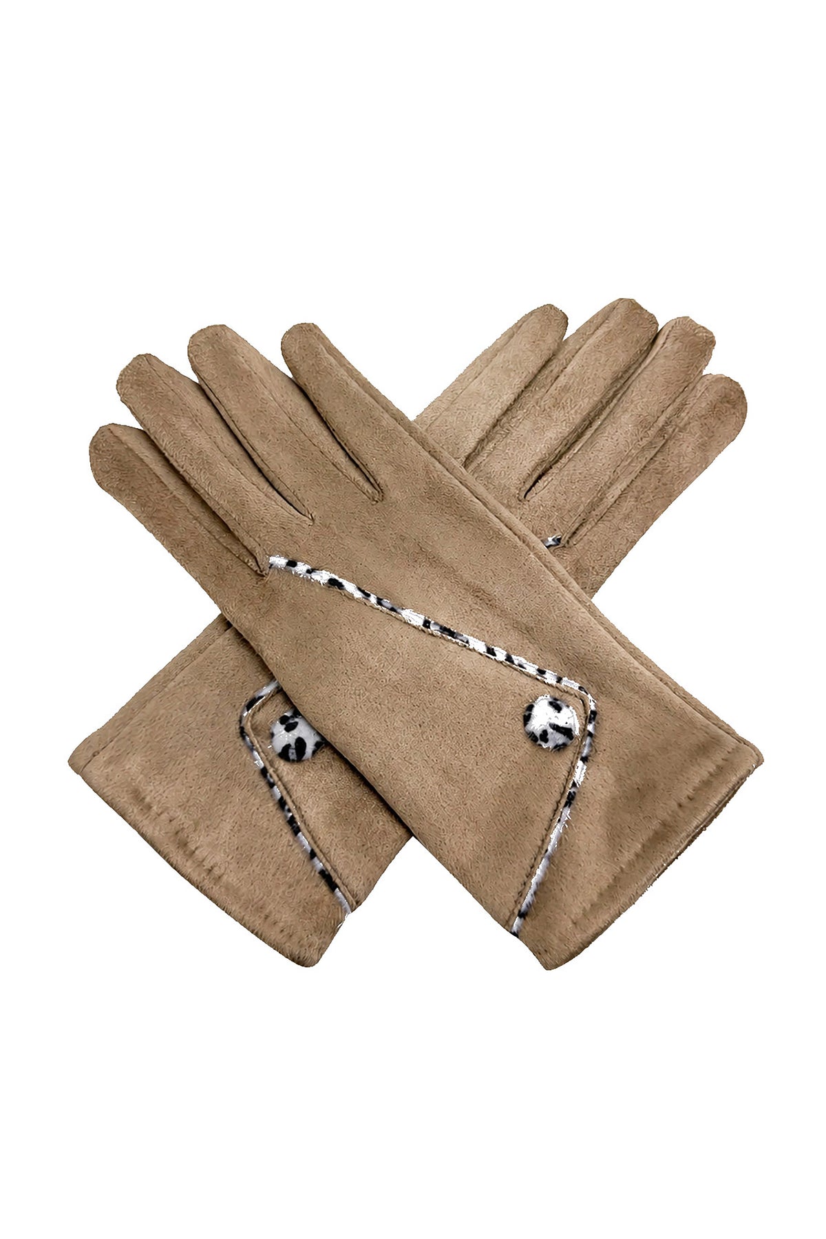 Women’s Faux Suede Animal Print Trim Button Gloves