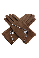 Women’s Faux Suede Animal Print Trim Button Gloves
