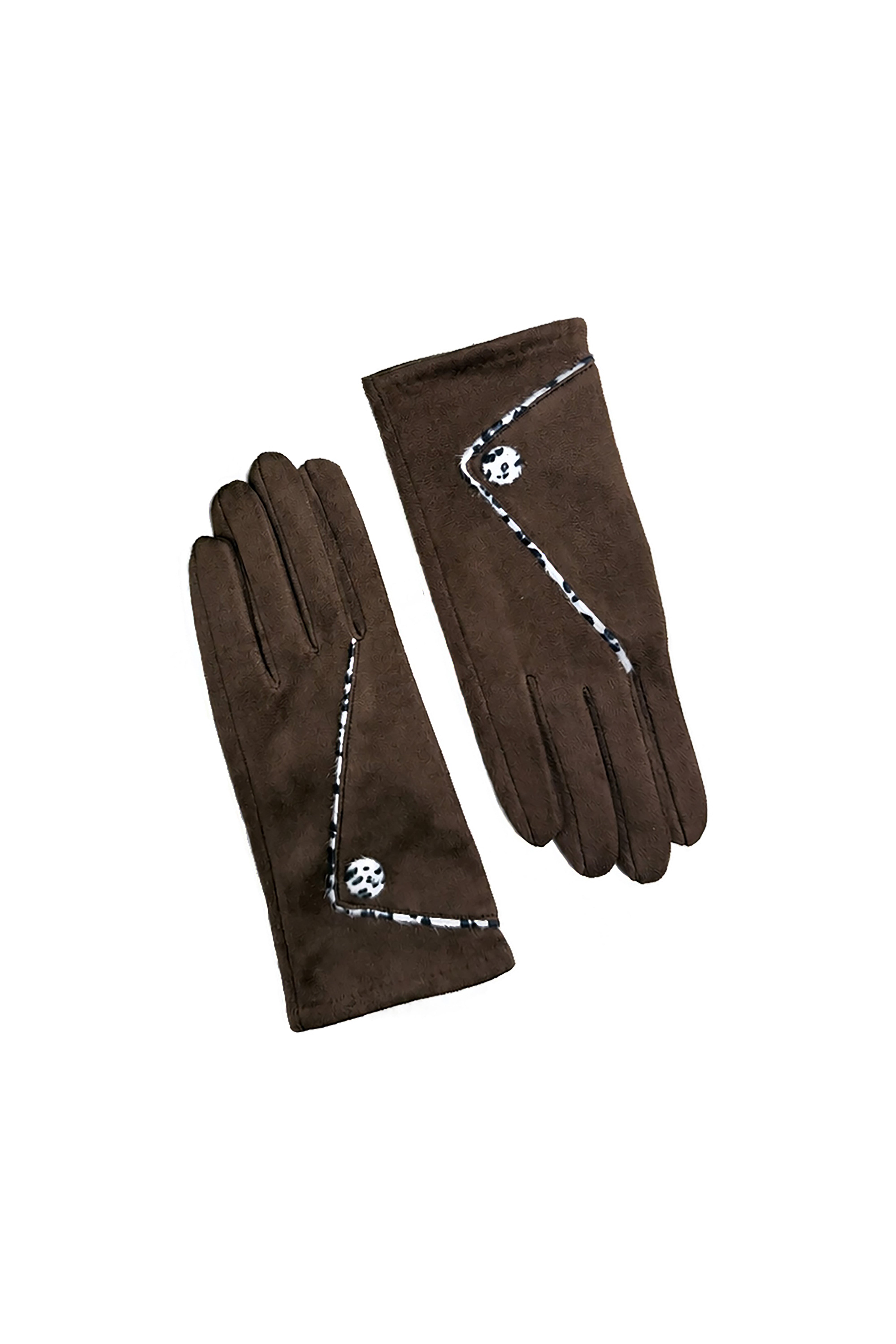 Women’s Faux Suede Animal Print Trim Button Gloves