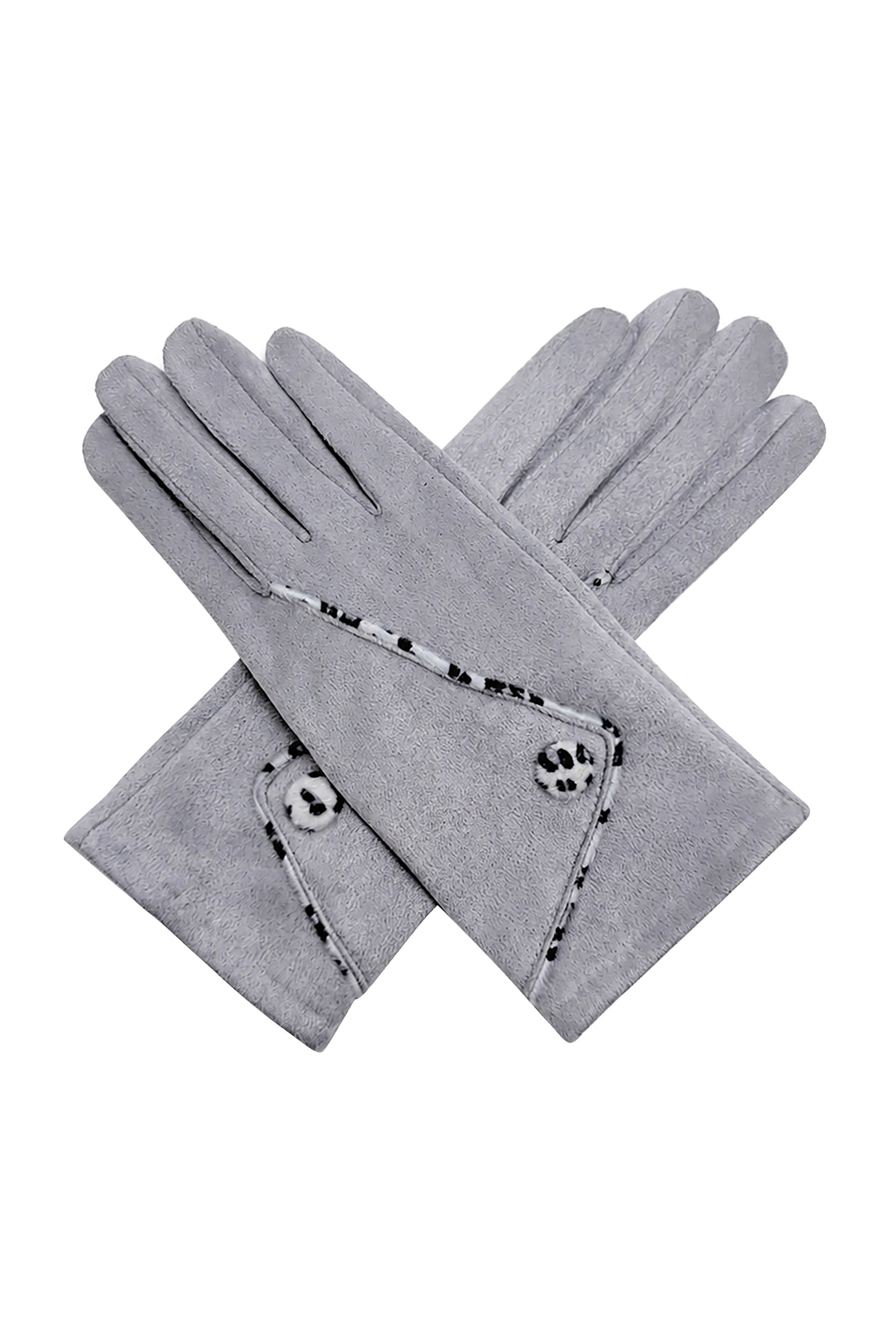 Women’s Faux Suede Animal Print Trim Button Gloves