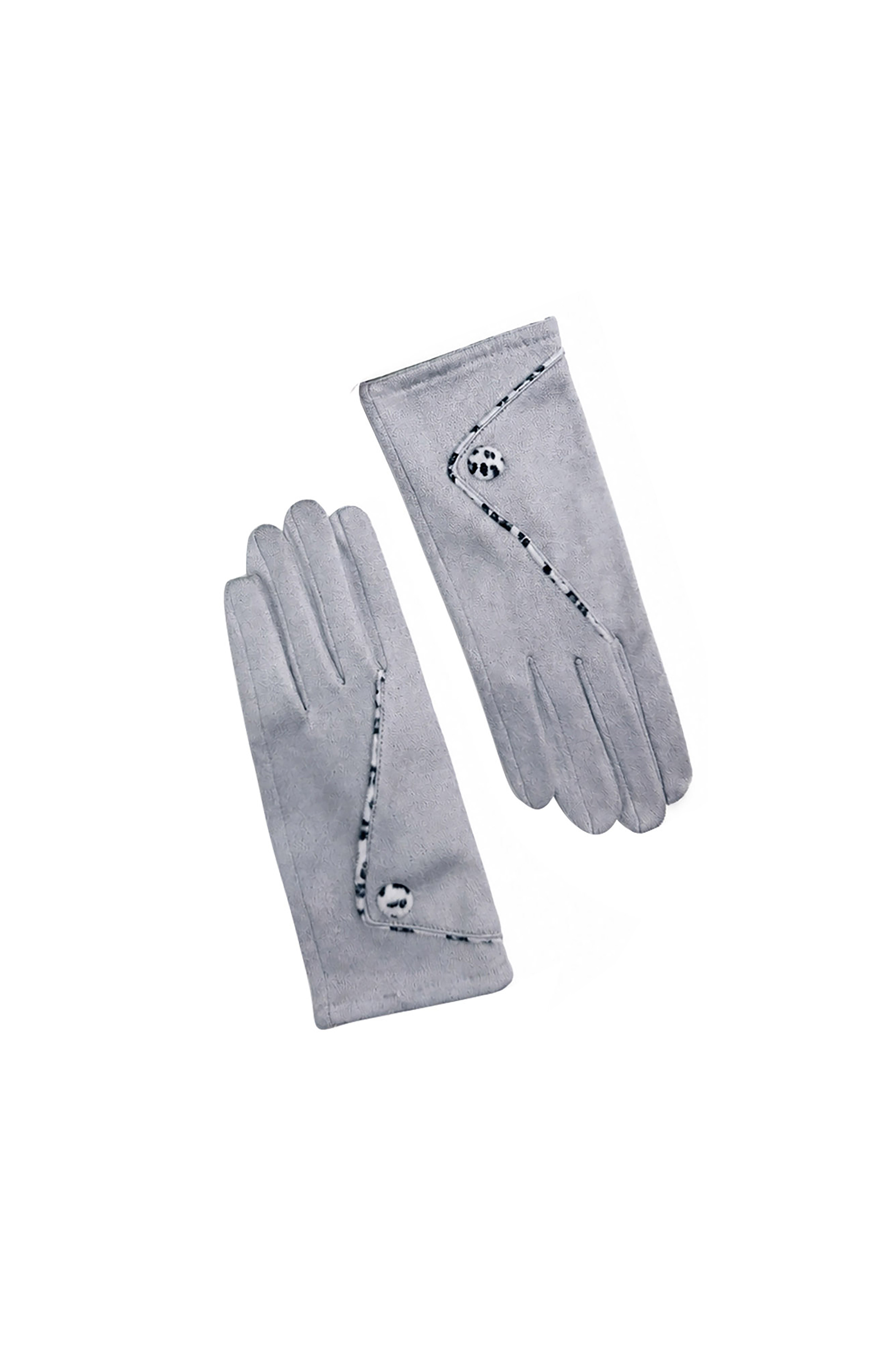 Women’s Faux Suede Animal Print Trim Button Gloves