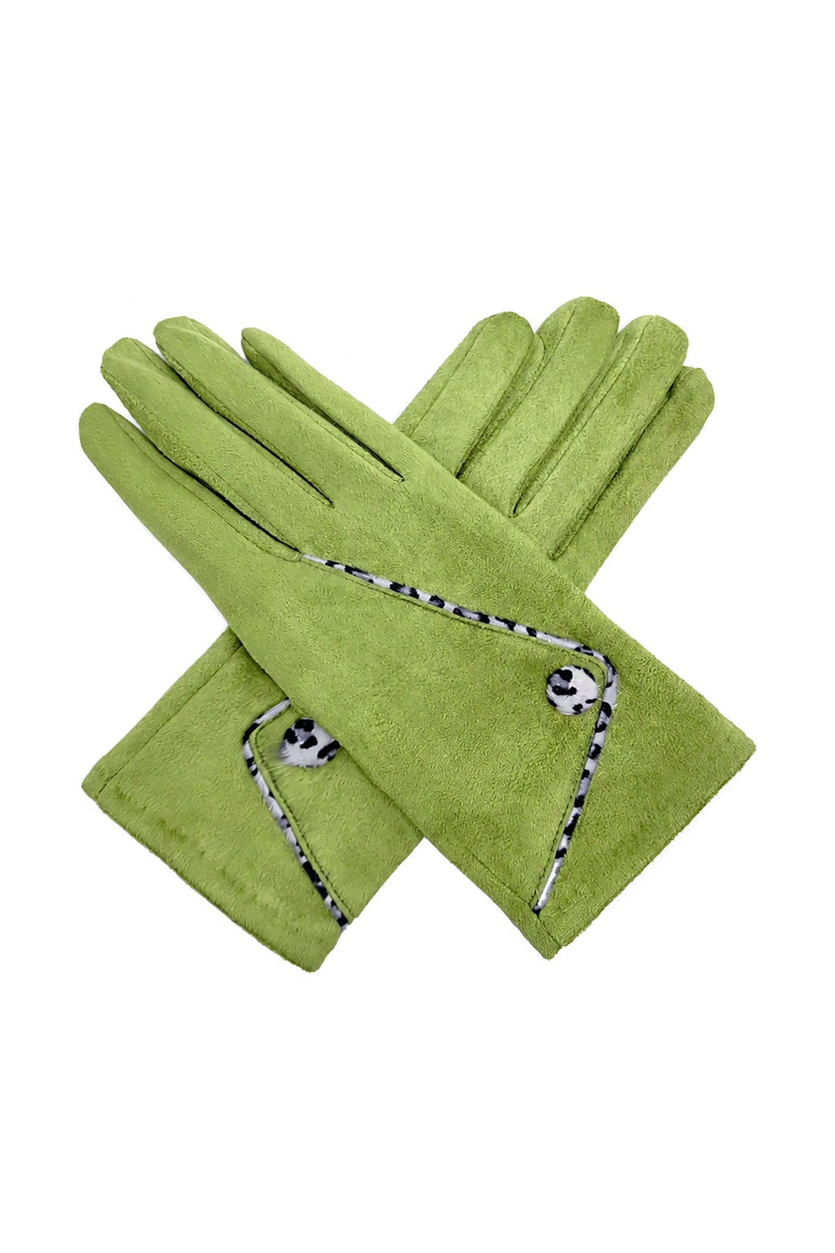 Women’s Faux Suede Animal Print Trim Button Gloves
