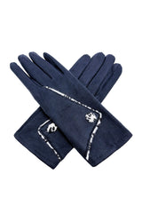 Women’s Faux Suede Animal Print Trim Button Gloves