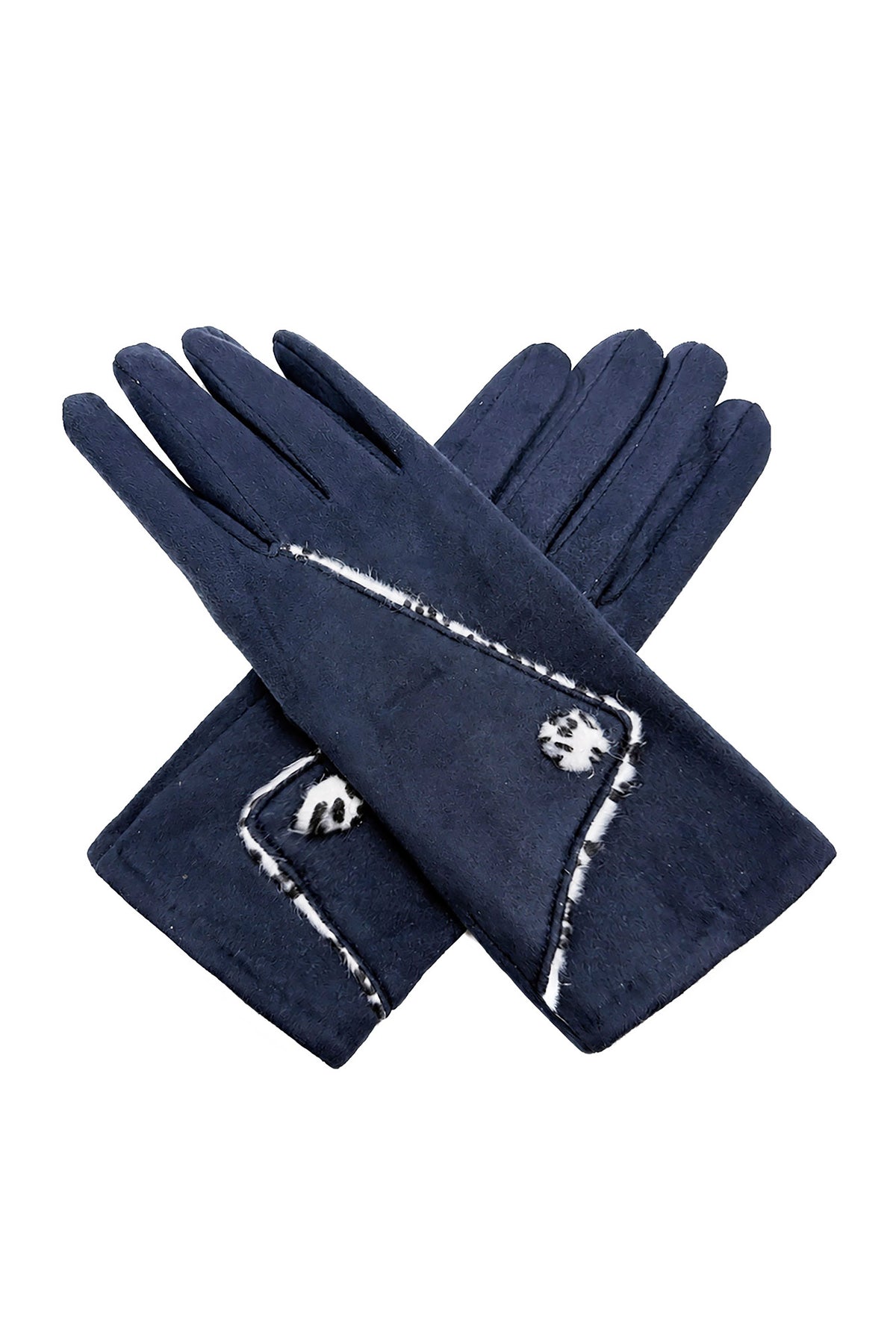 Women’s Faux Suede Animal Print Trim Button Gloves