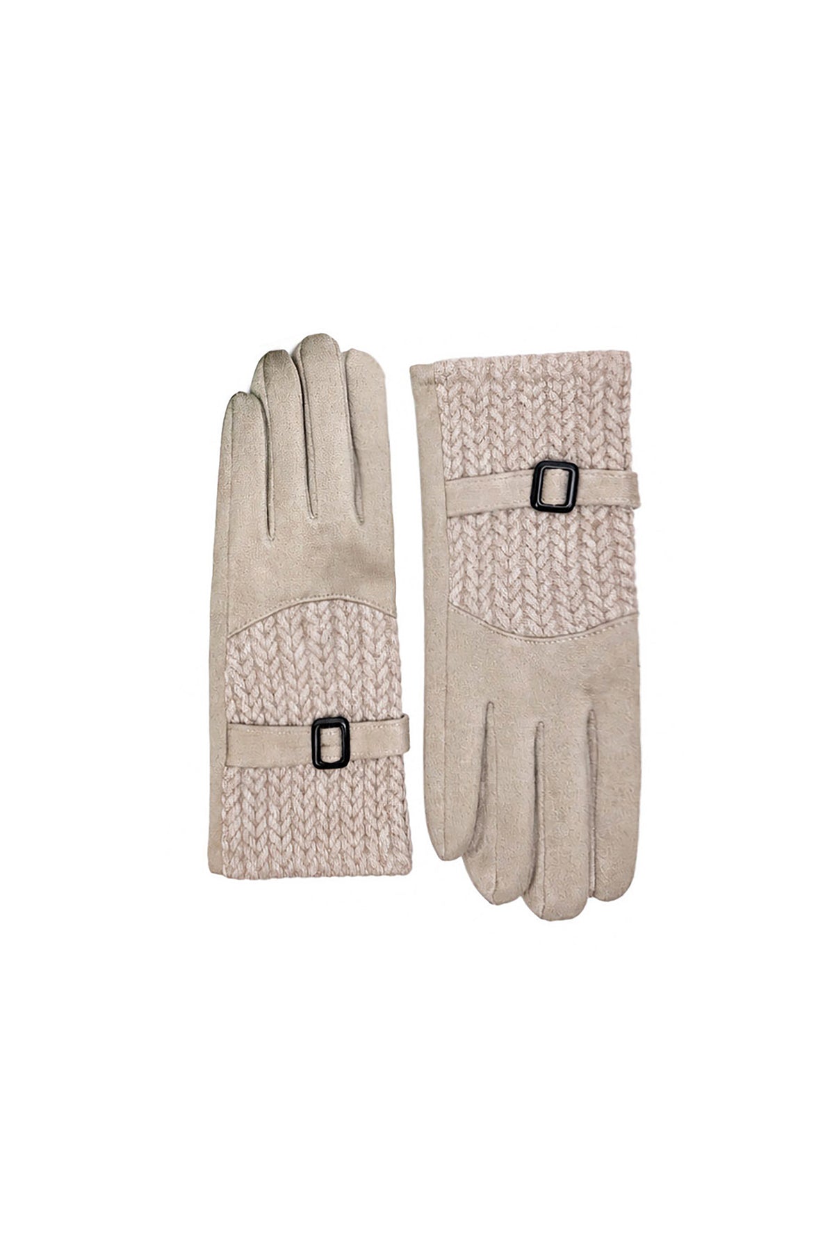 Women’s Faux Suede Textured Panel Buckle Detail Touchscreen Gloves