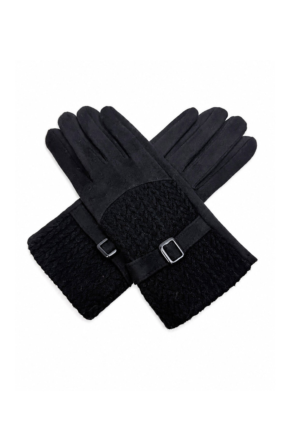 Women’s Faux Suede Textured Panel Buckle Detail Touchscreen Gloves
