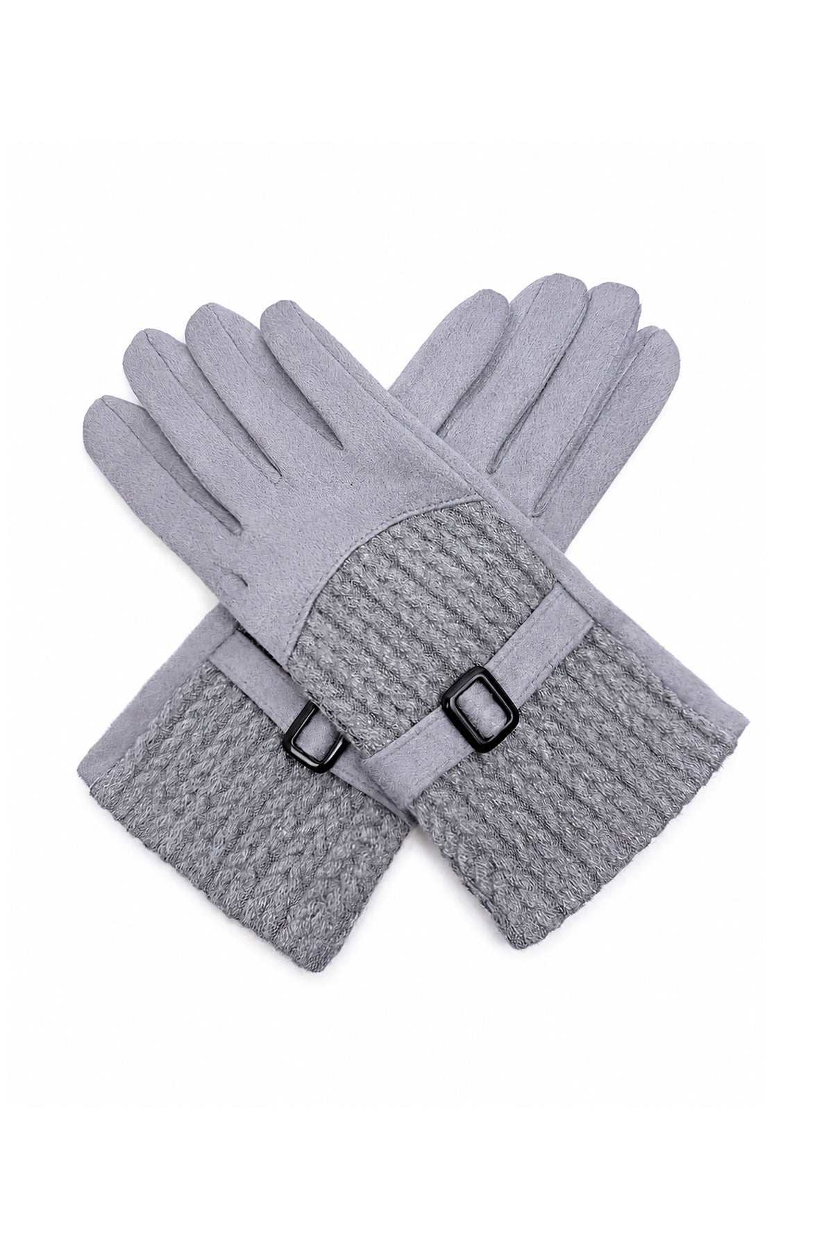 Women’s Faux Suede Textured Panel Buckle Detail Touchscreen Gloves