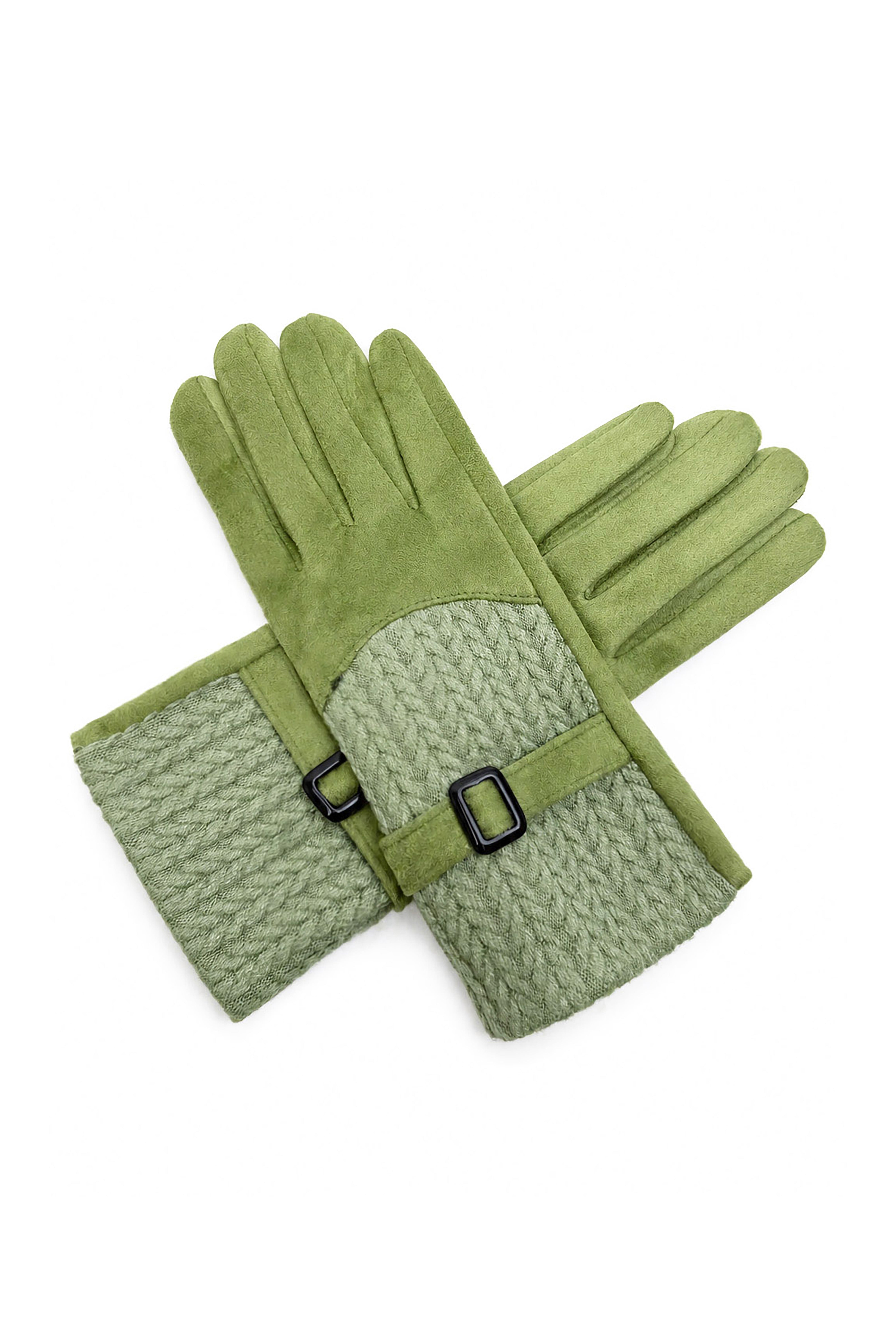 Women’s Faux Suede Textured Panel Buckle Detail Touchscreen Gloves