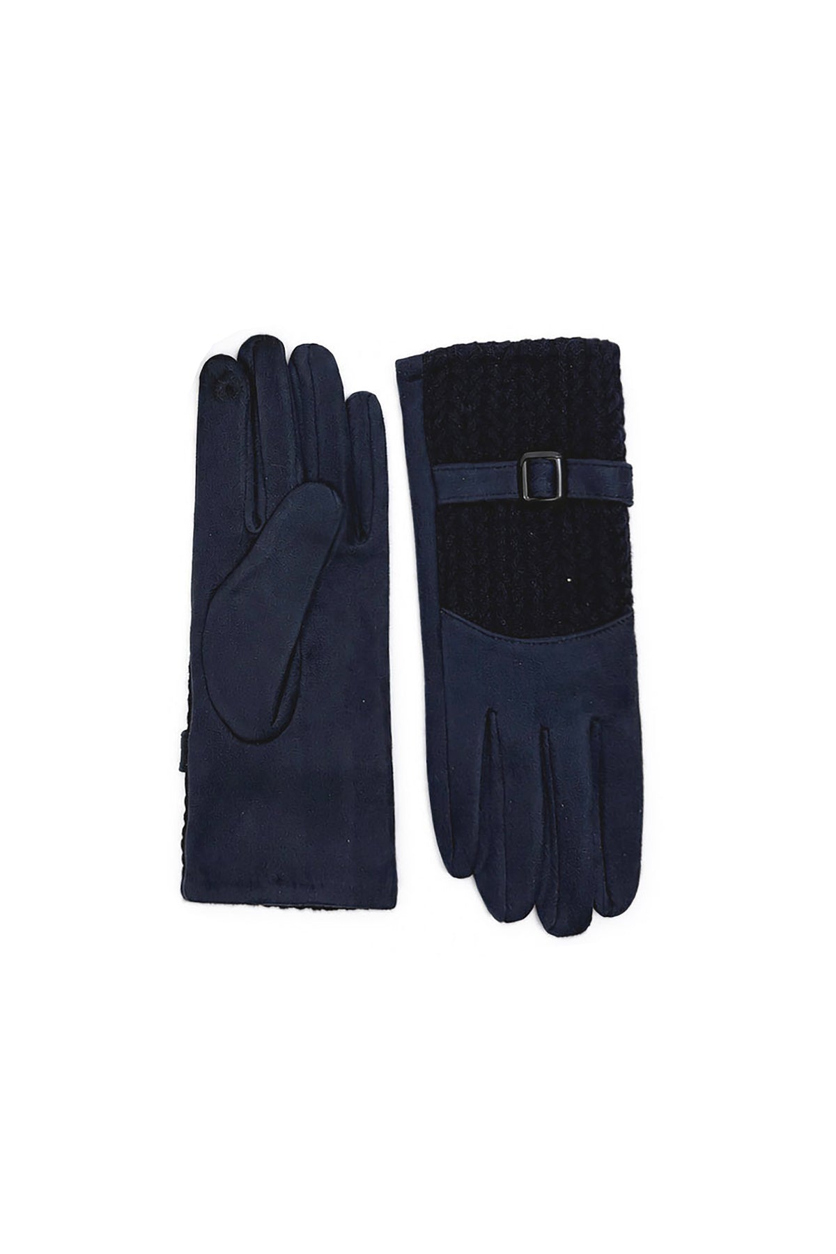 Women’s Faux Suede Textured Panel Buckle Detail Touchscreen Gloves