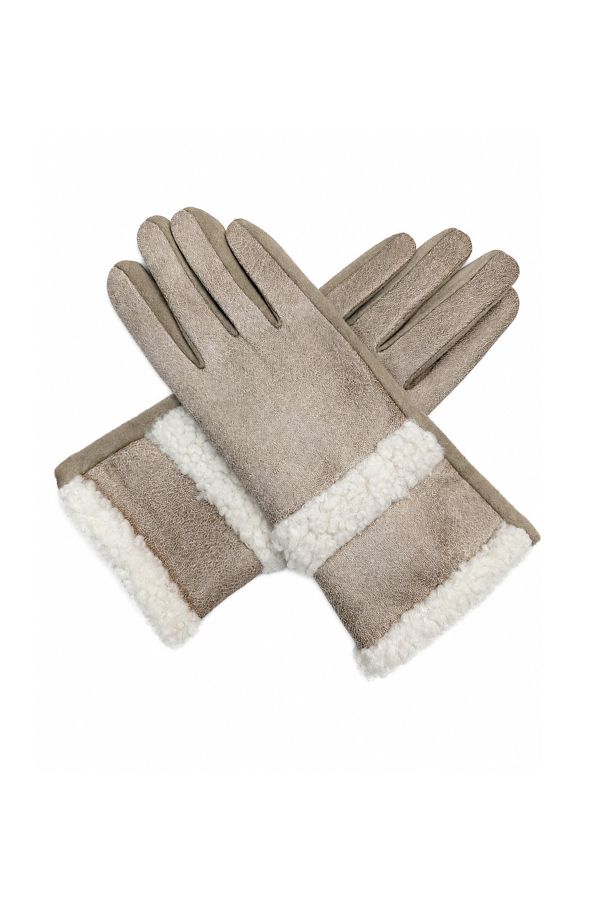 Women's Touchscreen Suede-Look Gloves with Double Faux Fur Trim