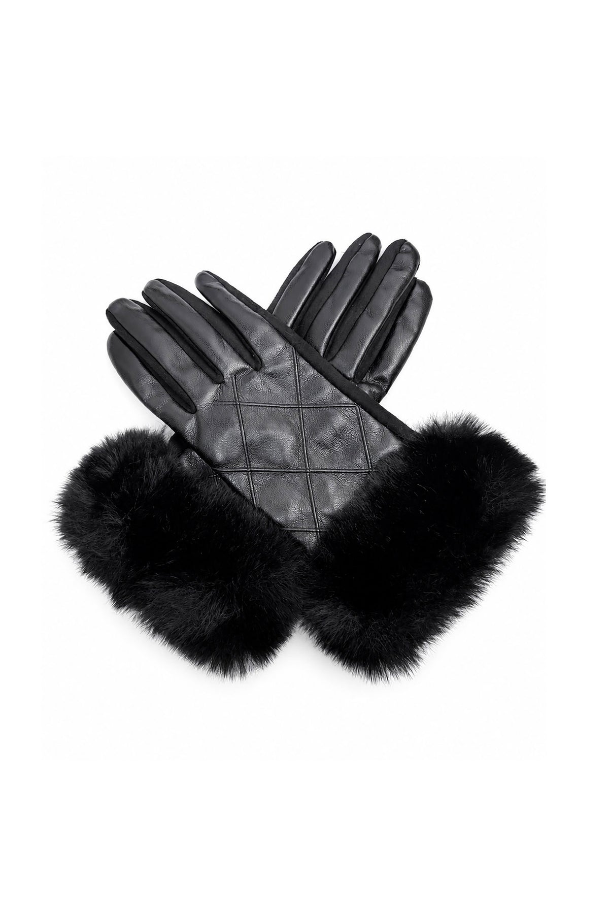 Women’s Faux Leather Diamond Stitch Faux Fur Cuff Glove