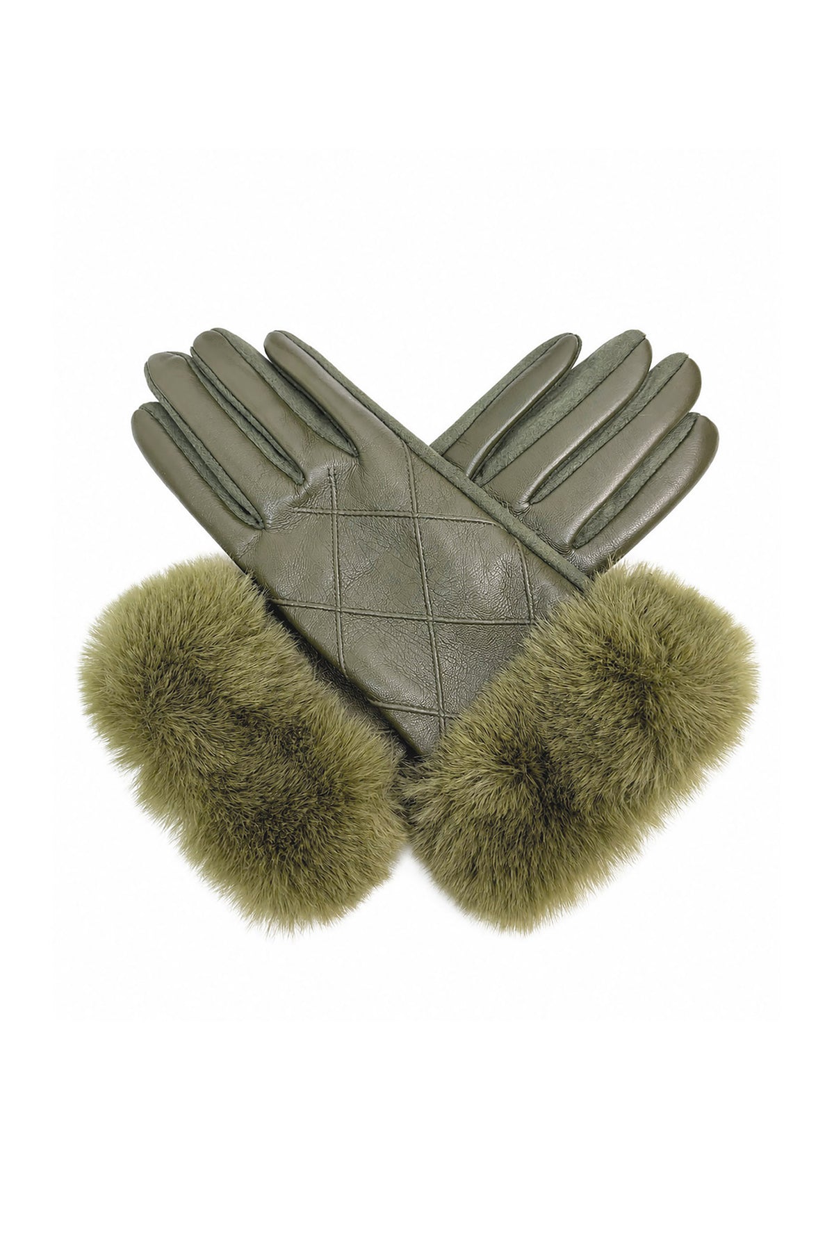 Women’s Faux Leather Diamond Stitch Faux Fur Cuff Glove