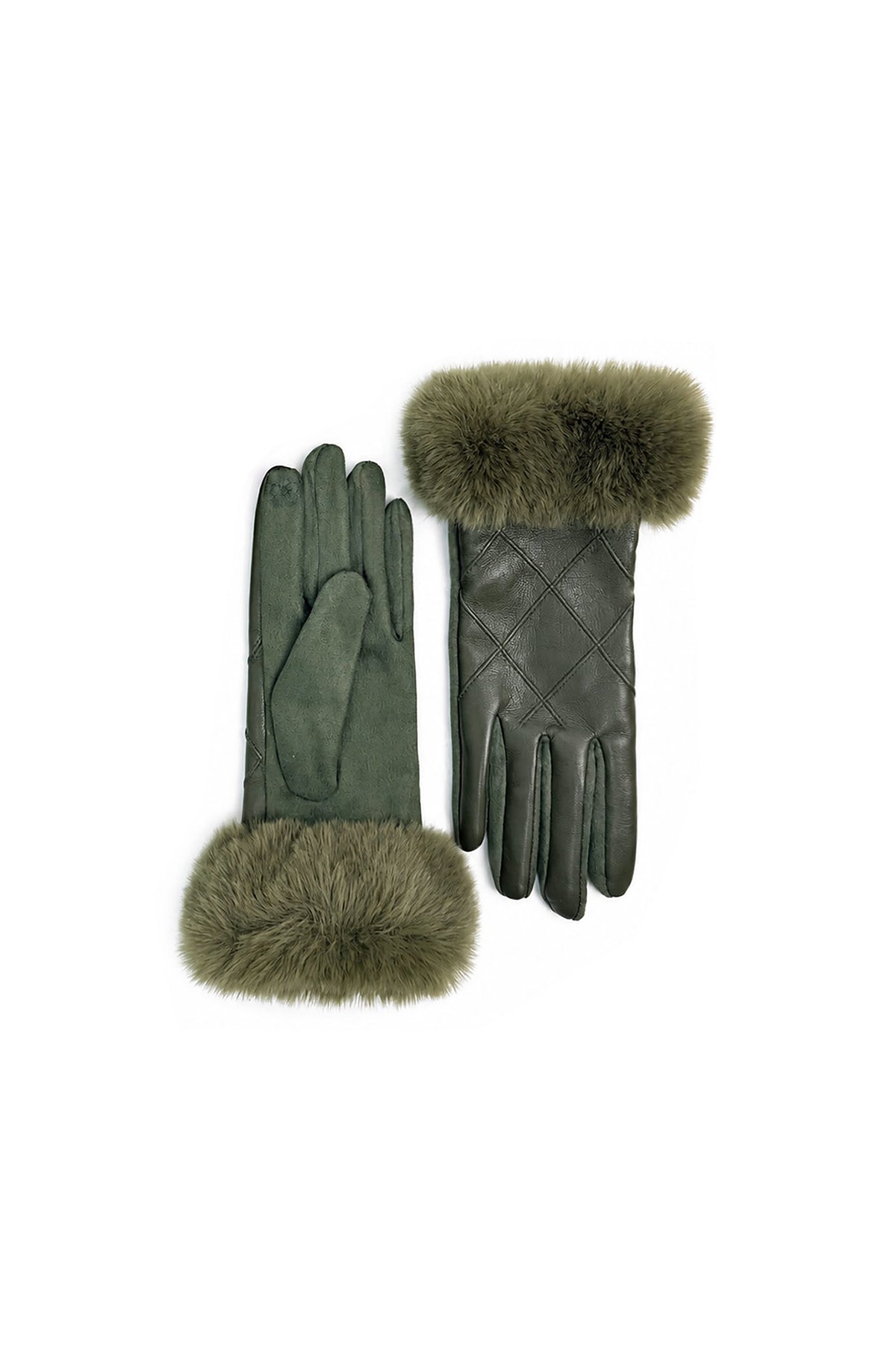 Women’s Faux Leather Diamond Stitch Faux Fur Cuff Glove