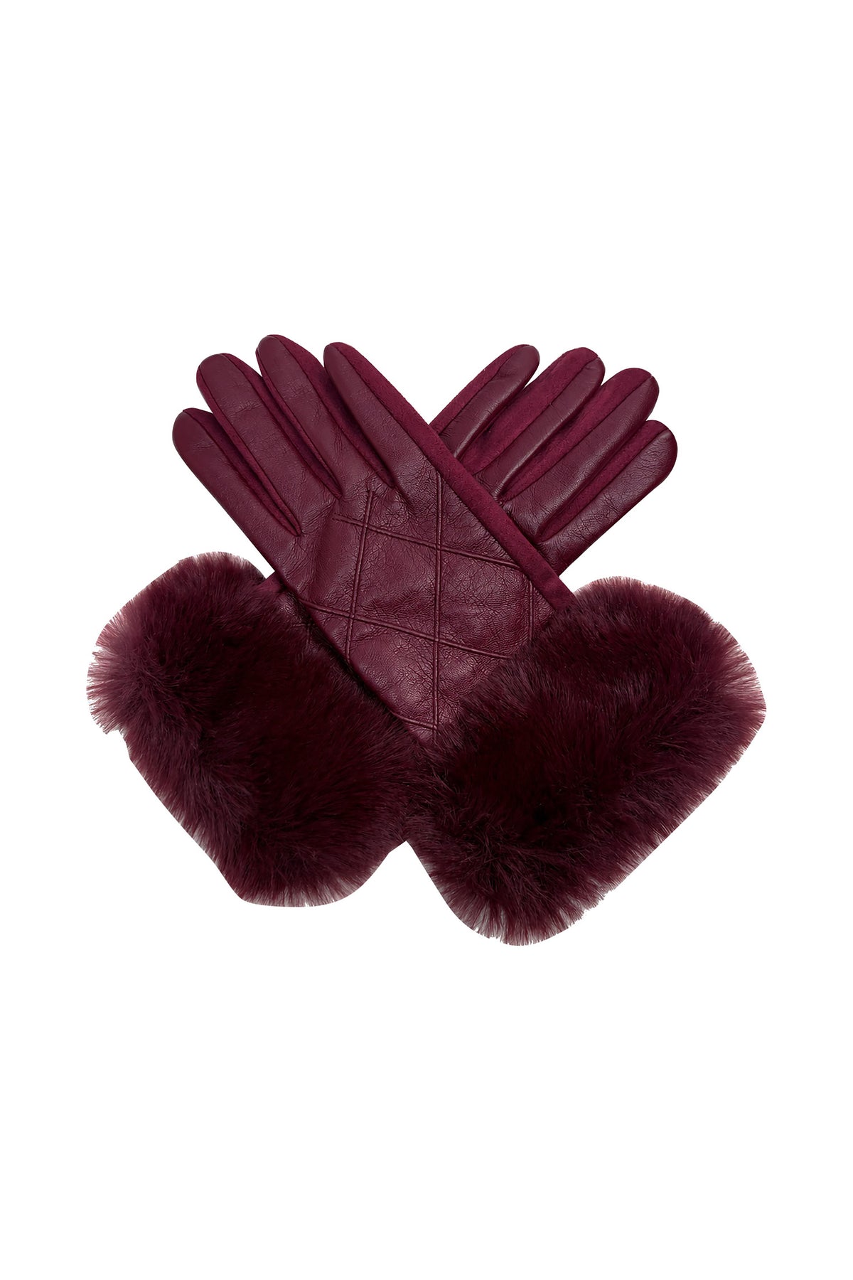 Women’s Faux Leather Diamond Stitch Faux Fur Cuff Glove