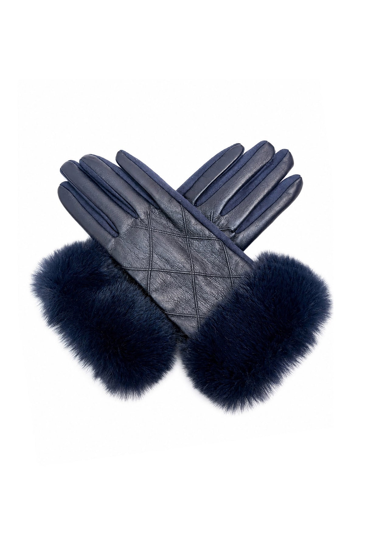 Women’s Faux Leather Diamond Stitch Faux Fur Cuff Glove