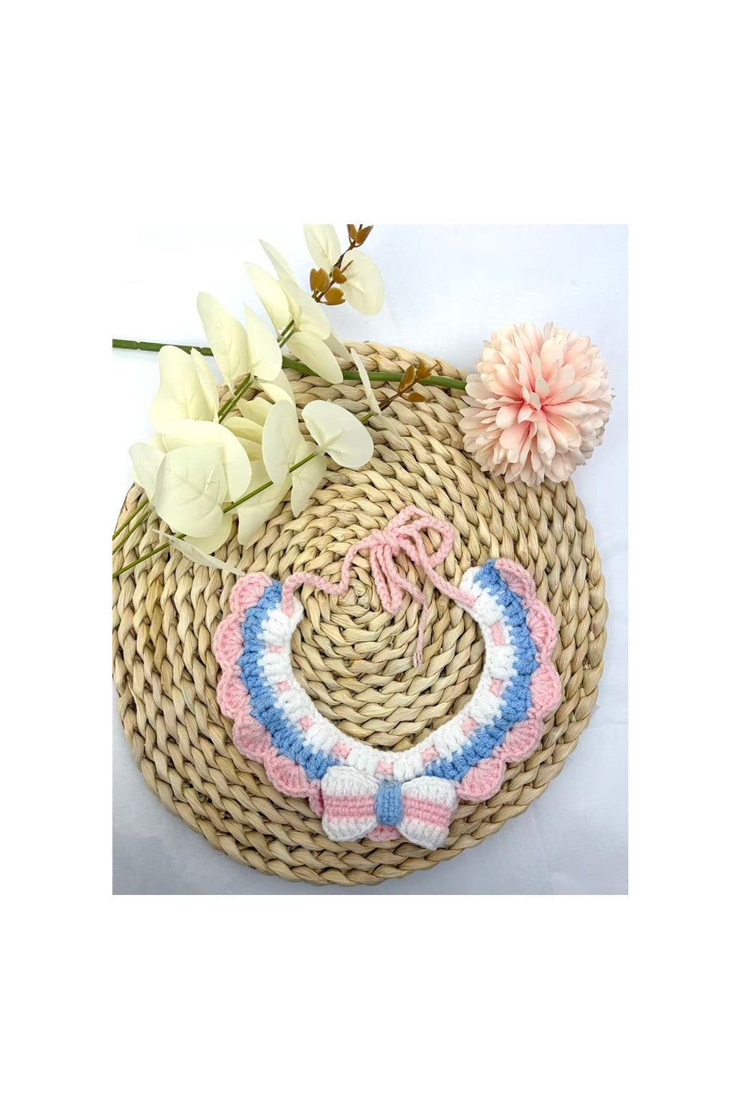 Handmade crochet pet collar scarf, pink blue cream bow bib