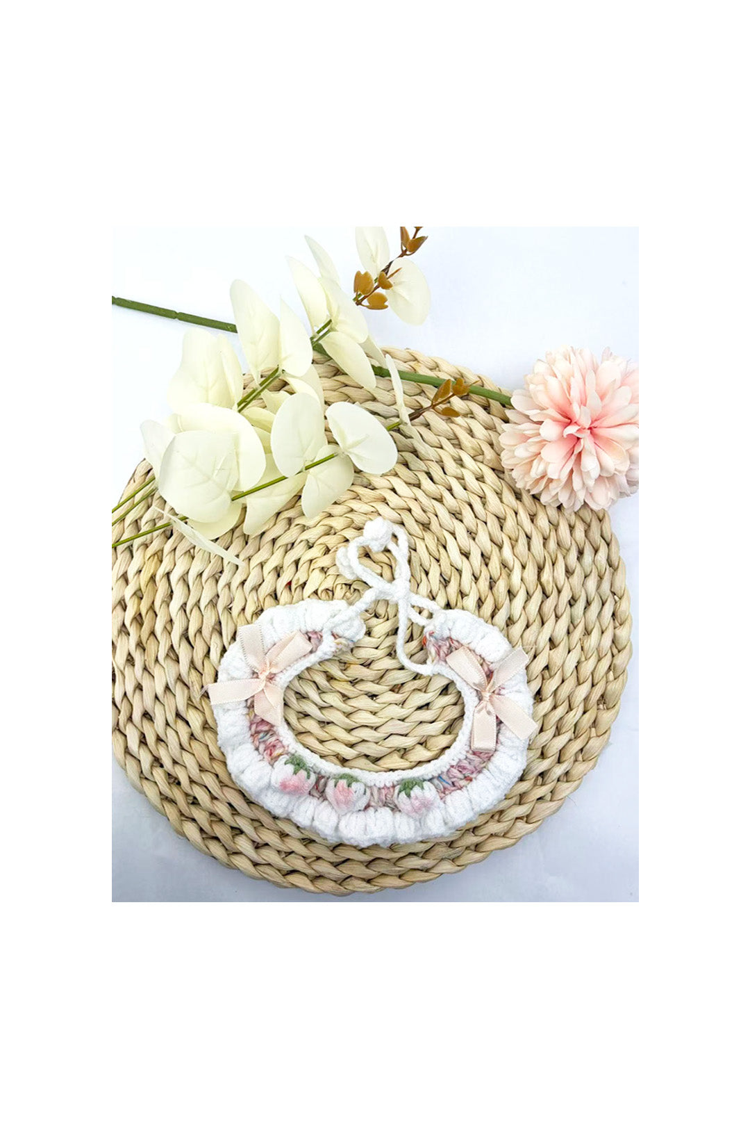Cream Crochet Pet Collar with Ribbon Bows and Flowers