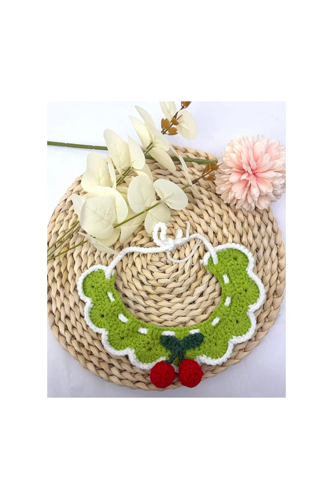 Green Crochet Pet Collar with Cherry Detail