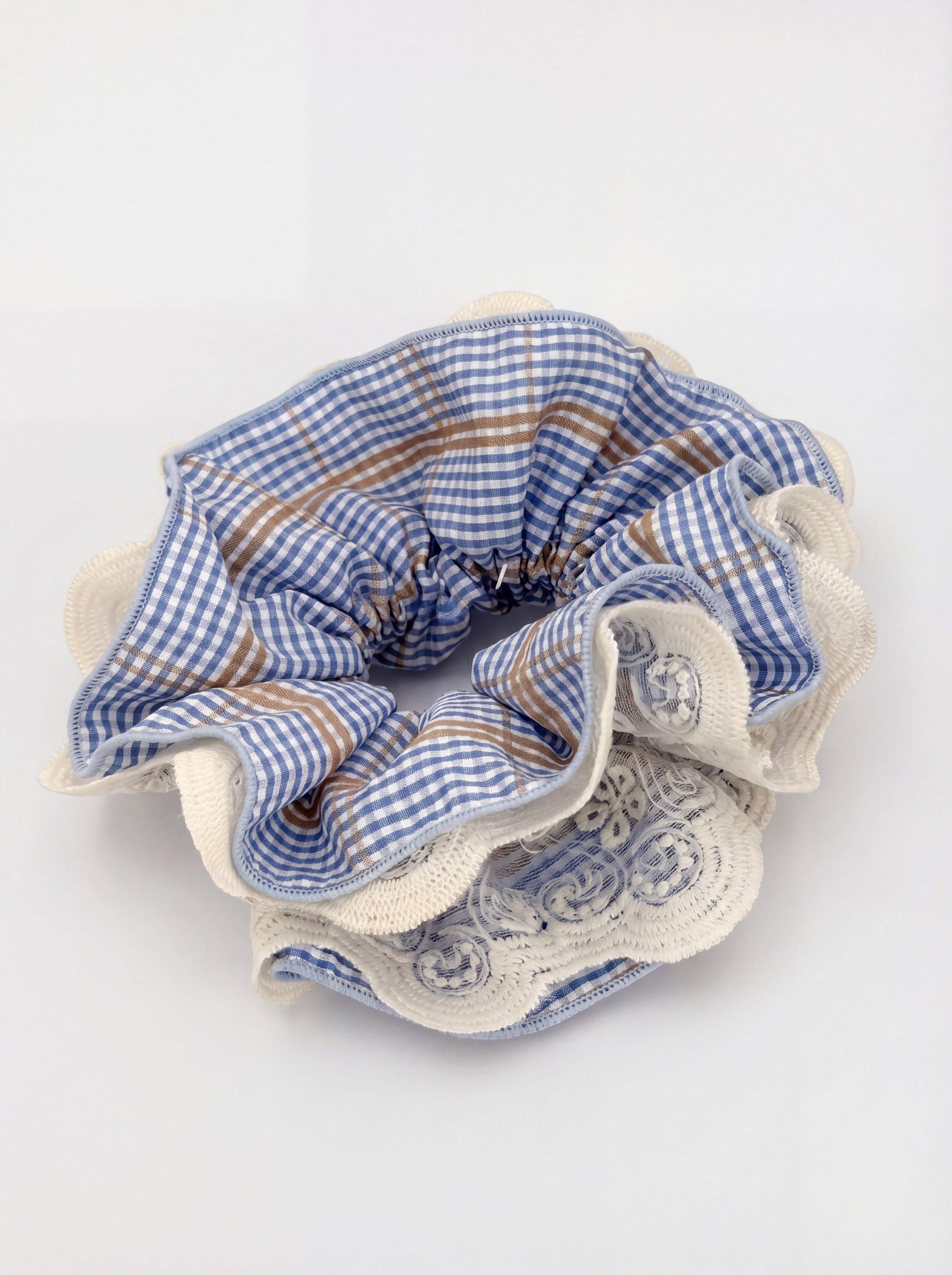 Vintage Gingham Lace Hair Scrunchie Oversized With Box