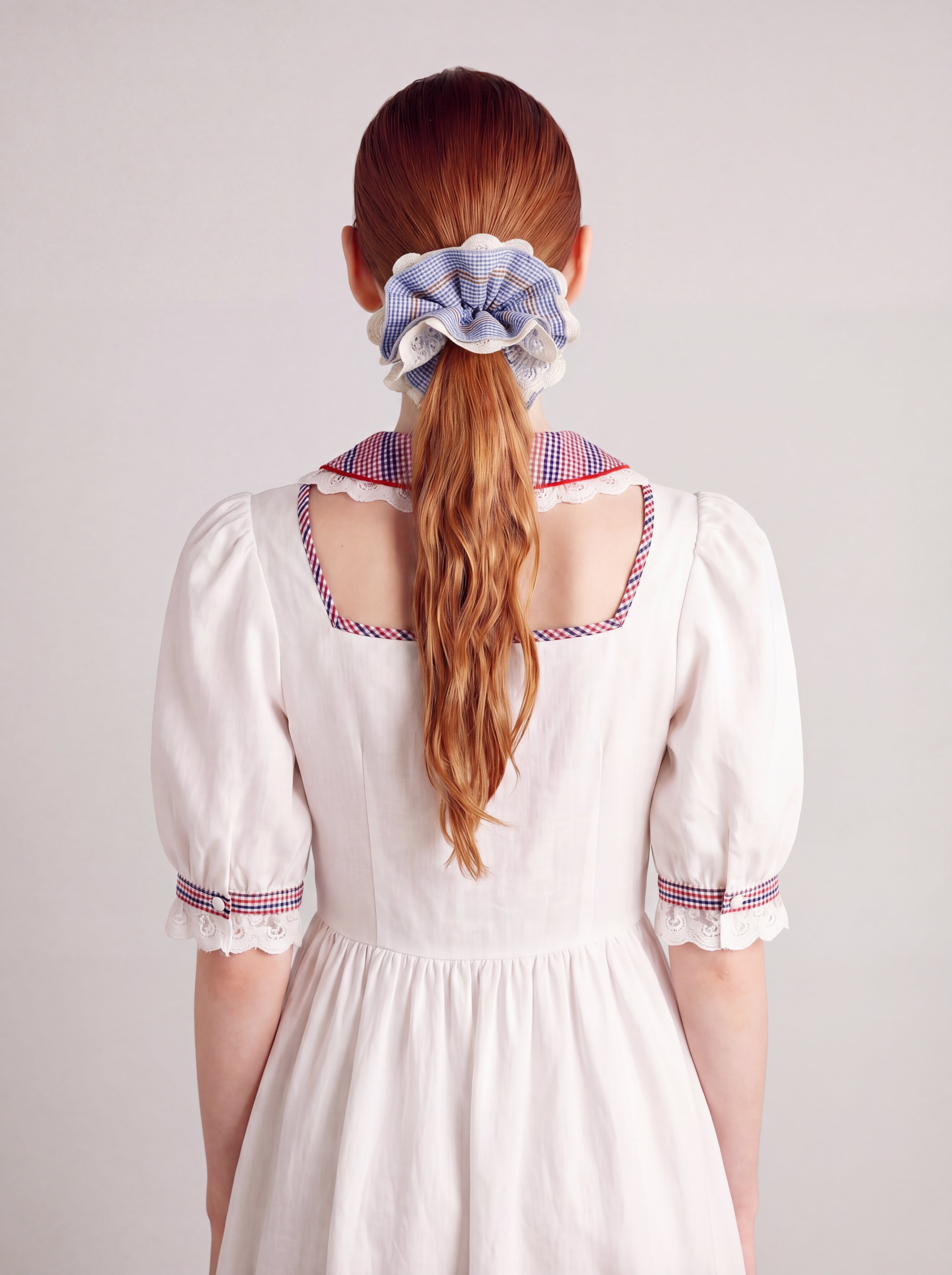 Vintage Gingham Lace Hair Scrunchie Oversized With Box