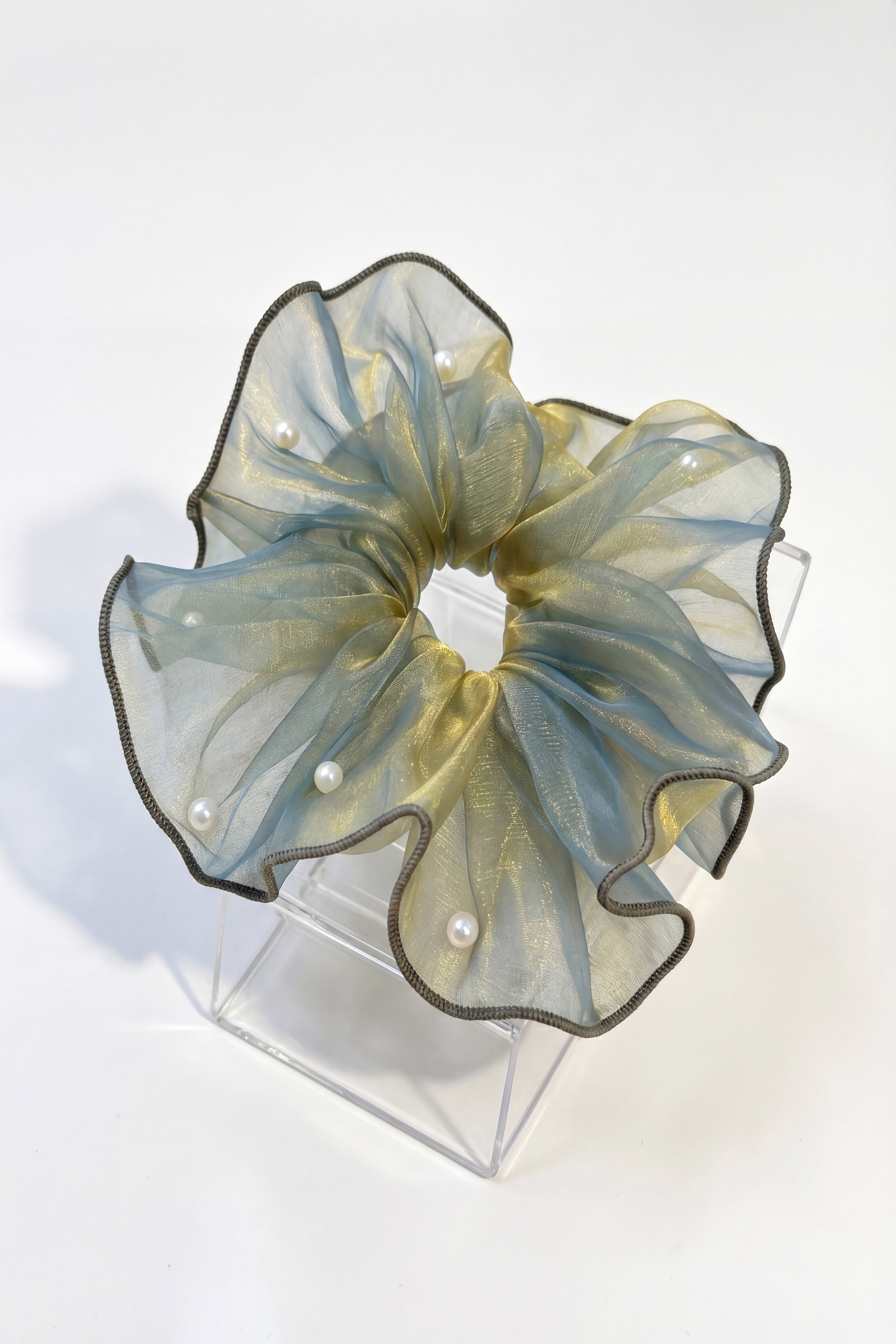 Organza Pearl Hair Scrunchie Oversized Ponytail HolderWith Box