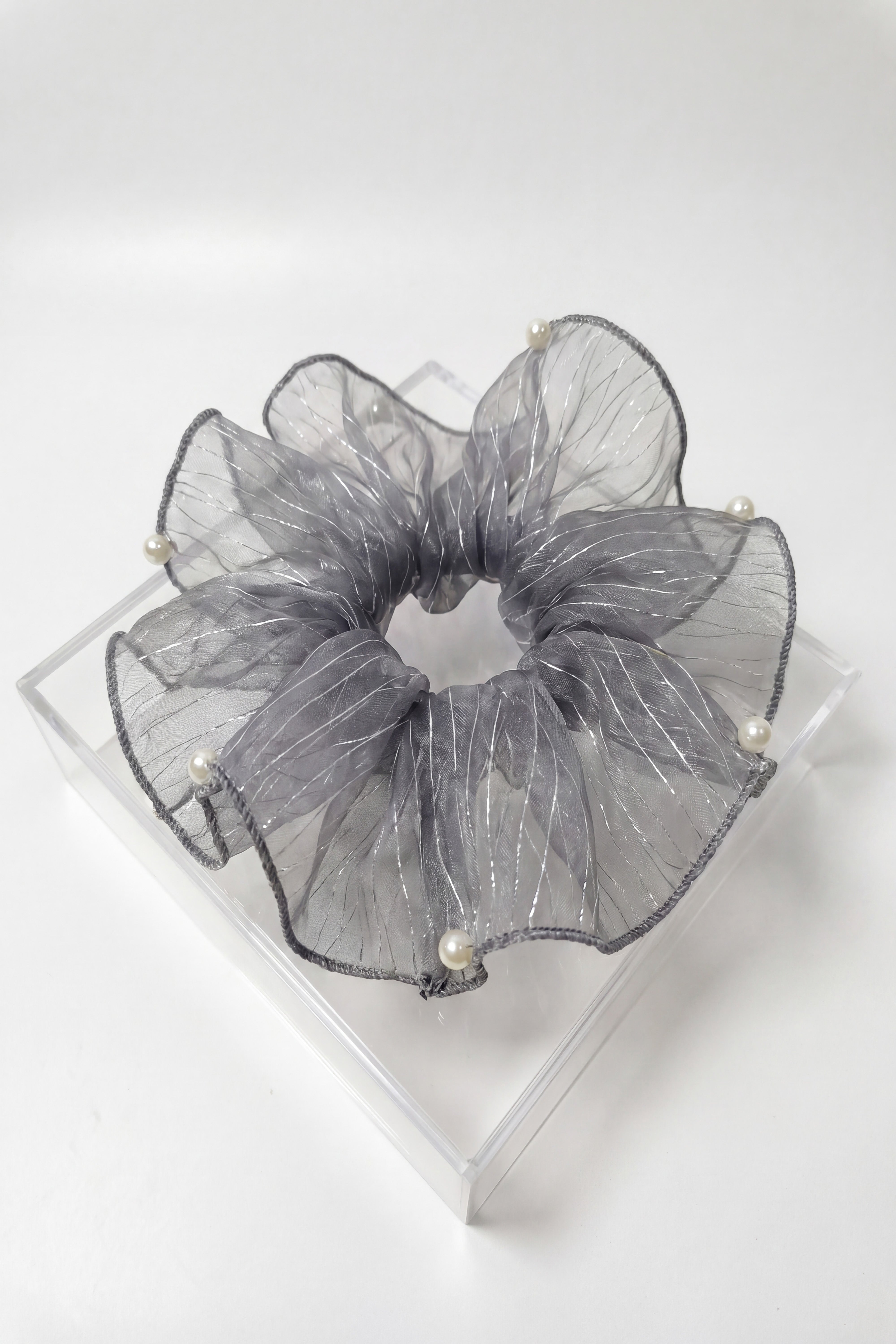 Pearl Organza Oversized Hair Scrunchie – Elegant Sheer Ponytail Holder With Box
